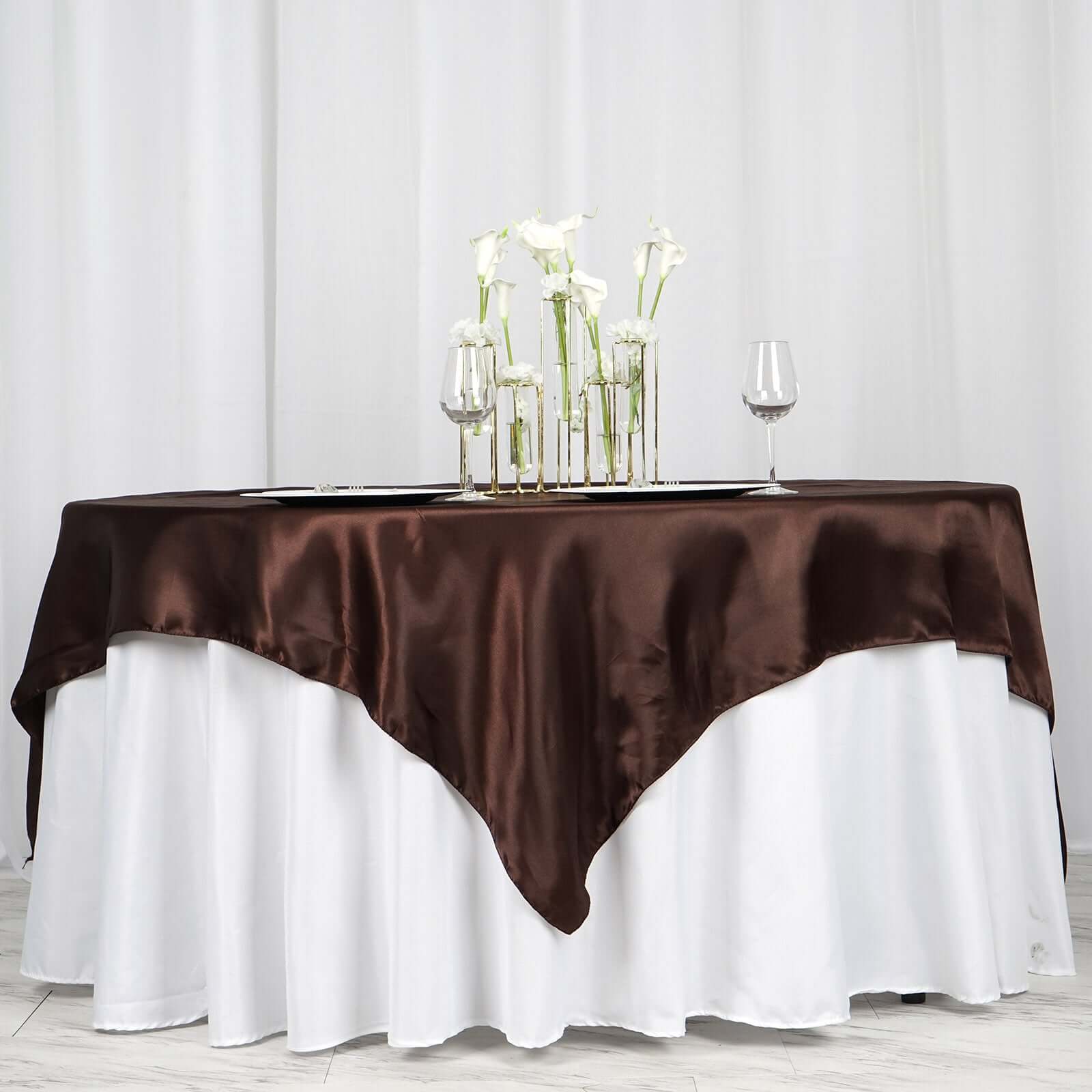 Chocolate Satin 72x72 Square Table Overlay - Smooth Finish Table Cover for Events