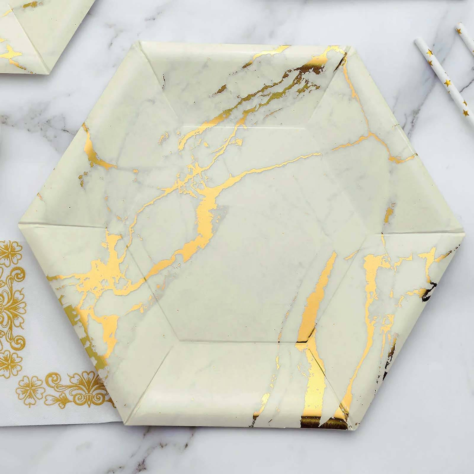 25-Pack Ivory Marble Disposable Dinner Paper Plates, 12-Inch Hexagon with Gold Foil Design - Great Value!