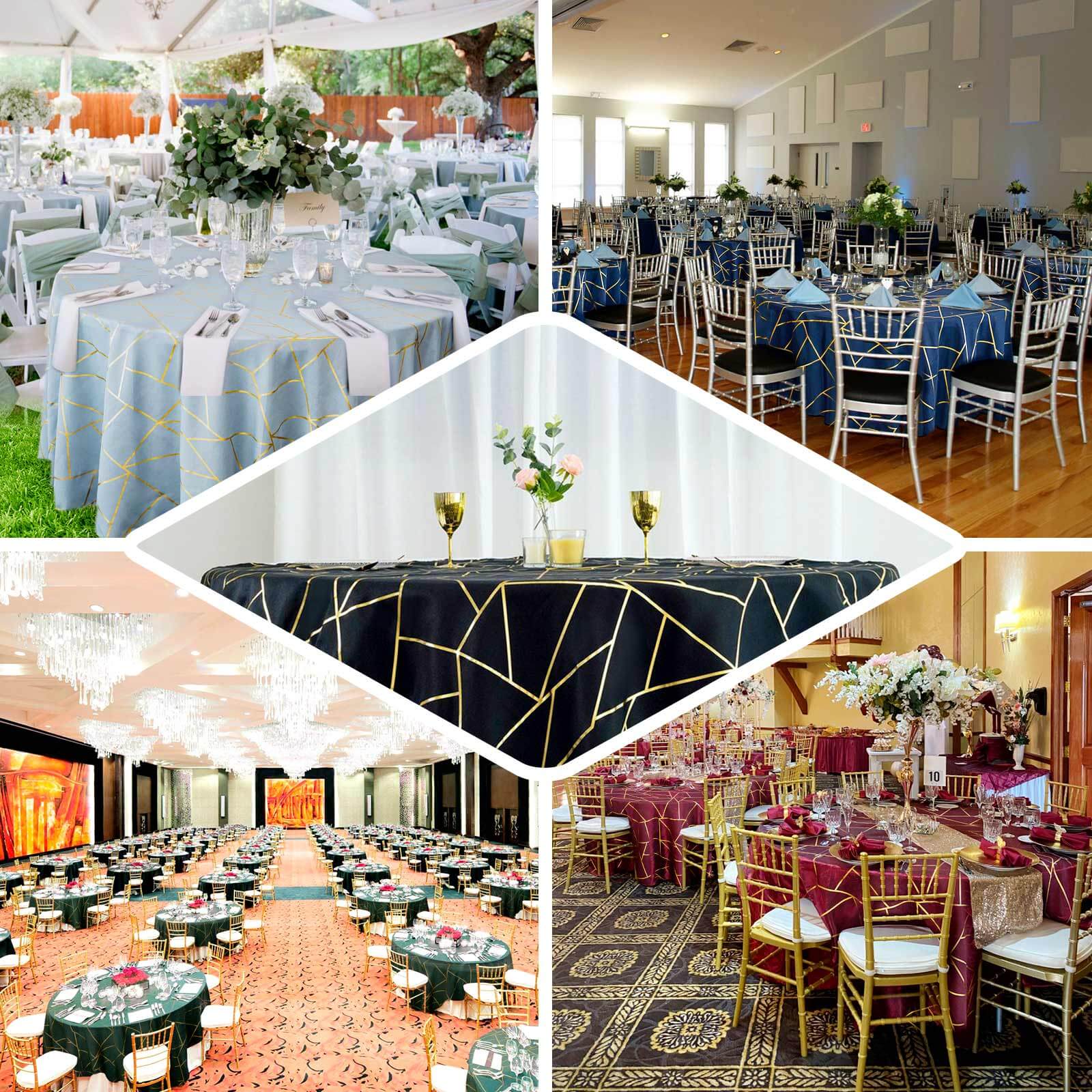 Exclusive 120-Inch Burgundy Polyester Seamless Round Tablecloth with Gold Foil Geometric Design for 5-Foot Tables