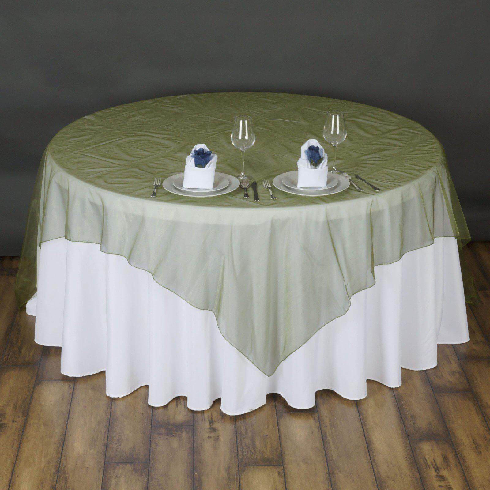 Olive Green Organza 72x72 Square Table Overlay with Sheer Design for Stylish Gatherings