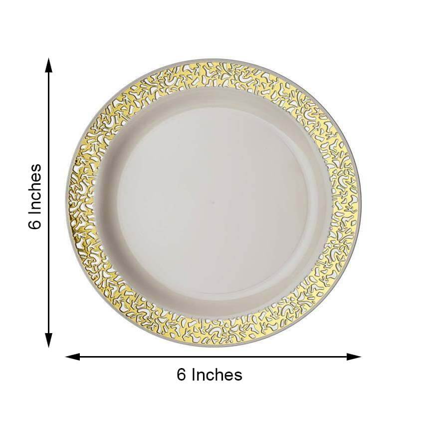 10-Pack Ivory Plastic Disposable Appetizer Plates with Gold Lace Rim, 6 Inches