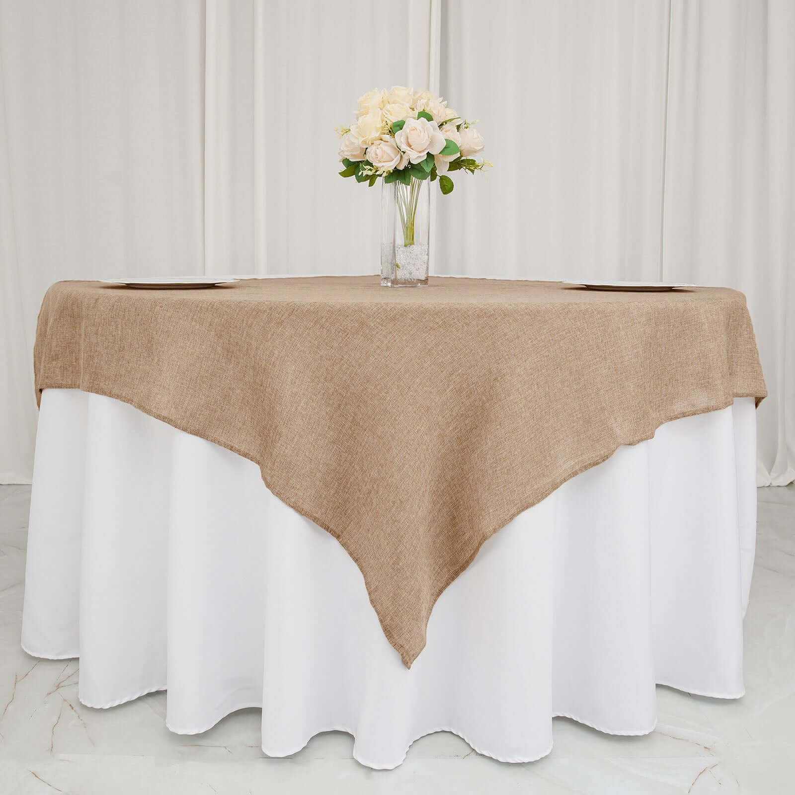 Hot Sale! 54x54 Natural Faux Burlap Square Table Overlay for Rustic Events
