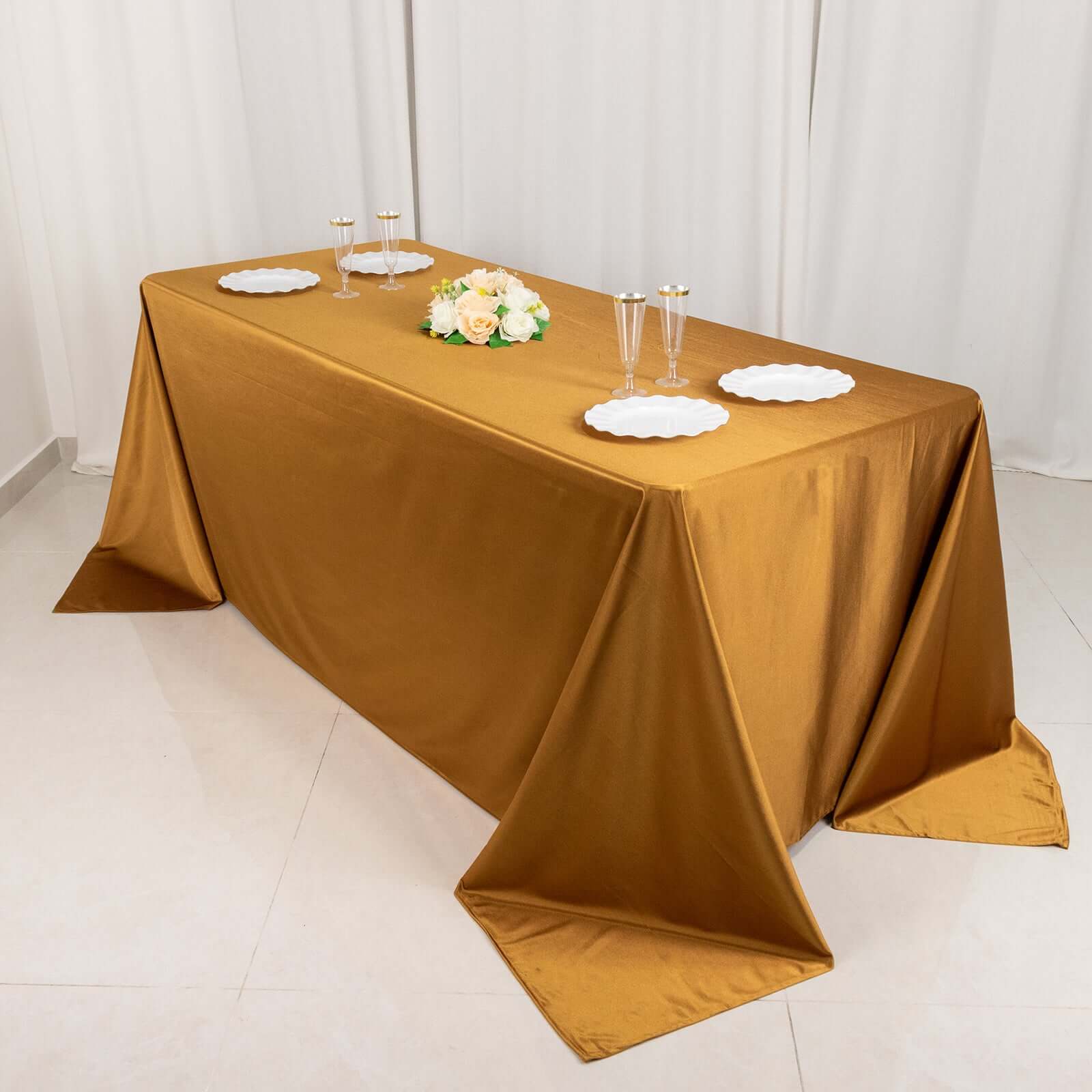 Shimmering Gold Premium Scuba Seamless 90x132 Wrinkle & Stain-Free Tablecloth for Events