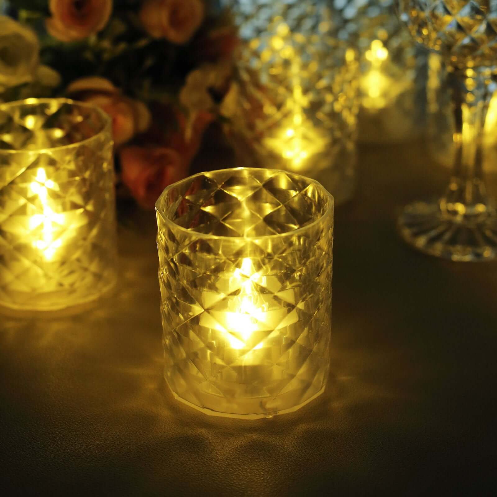 12-Piece Set of Clear LED Tealight Candle Holders in Whiskey Glass Design with Warm White Battery-Operated Lights