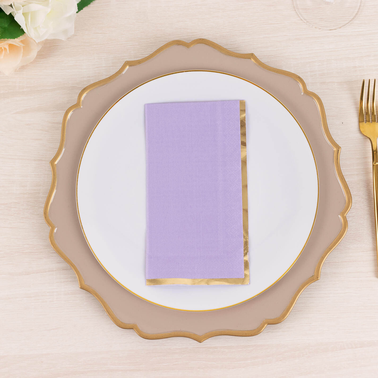 Get 50-Pack Stylish 2-Ply Disposable Paper Dinner Napkins in Lavender with Gold Foil Edge