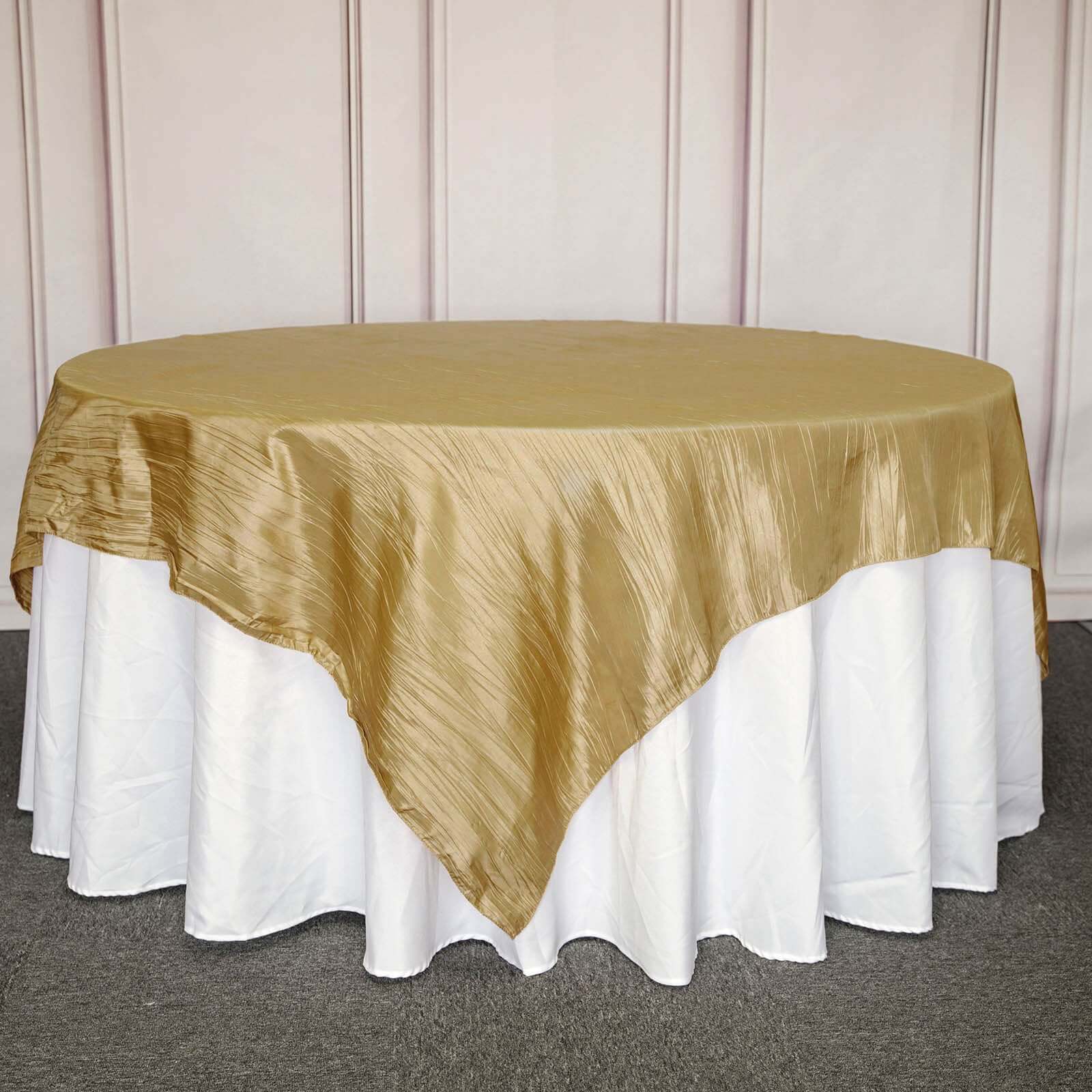 Gold 90x90 Square Taffeta Table Overlay with Accordion Crinkle for Modern Celebrations