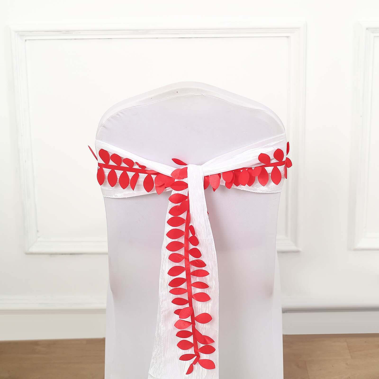 Red 50ft Taffeta Ribbon Sash with Elegant 4 - Leaf Petal Design, Ideal for Decor