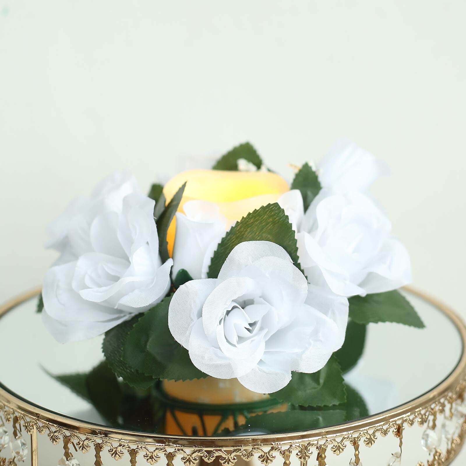 Set of 4 Artificial White Silk Rose and Baby's Breath Candle Ring Wreaths