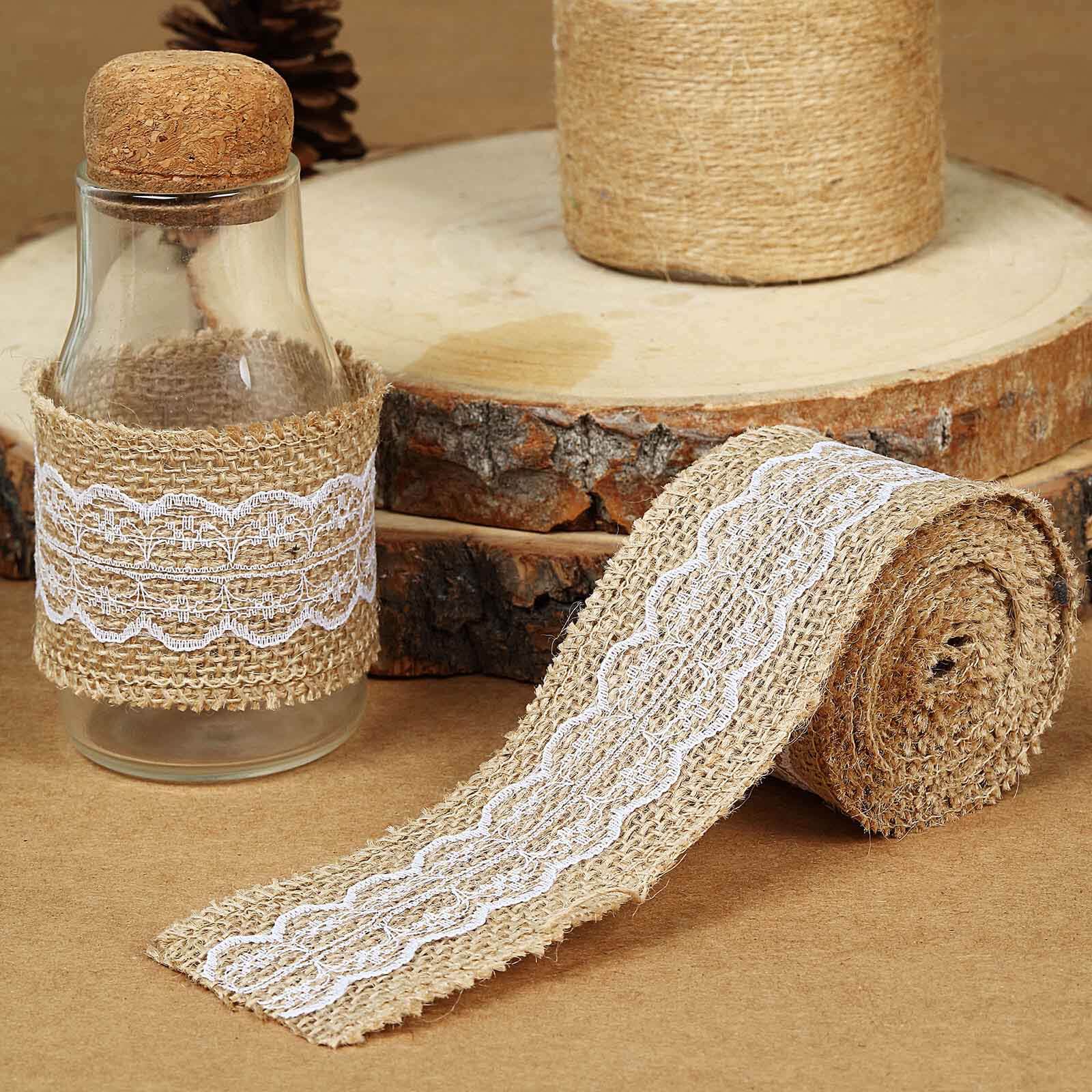 Pair of 16FT Natural Jute Burlap Ribbons with Wavy Lace Trim
