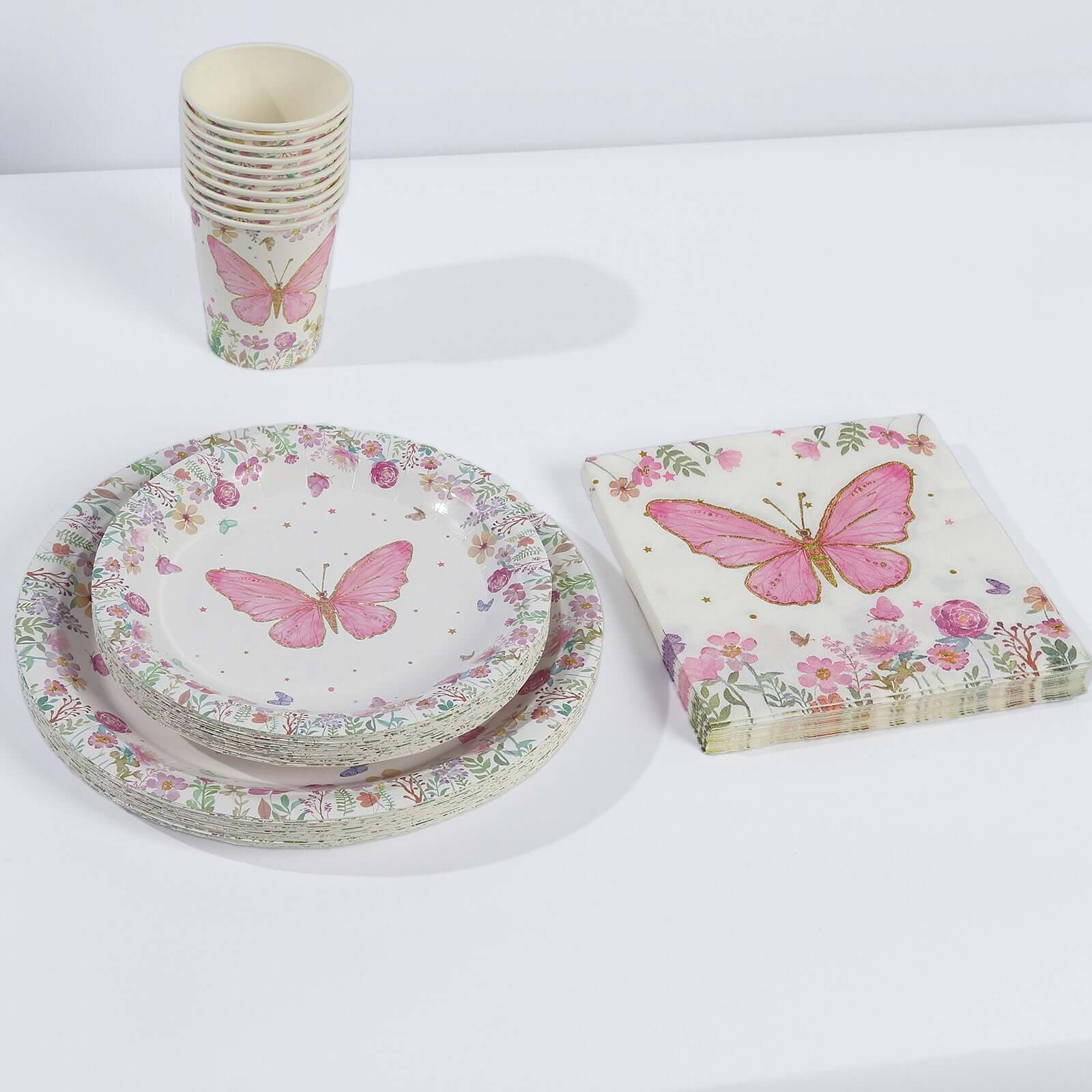 96-Piece Disposable Paper Dinnerware Set with Butterfly Print in White and Pink