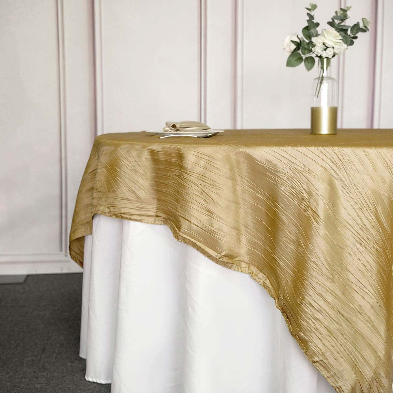 Gold 90x90 Square Taffeta Table Overlay with Accordion Crinkle for Modern Celebrations