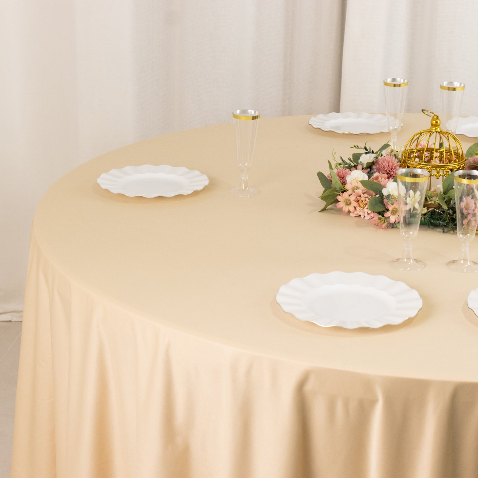 Hot! Premium Beige 108' Scuba Round Wrinkle & Stain-Free Tablecloth