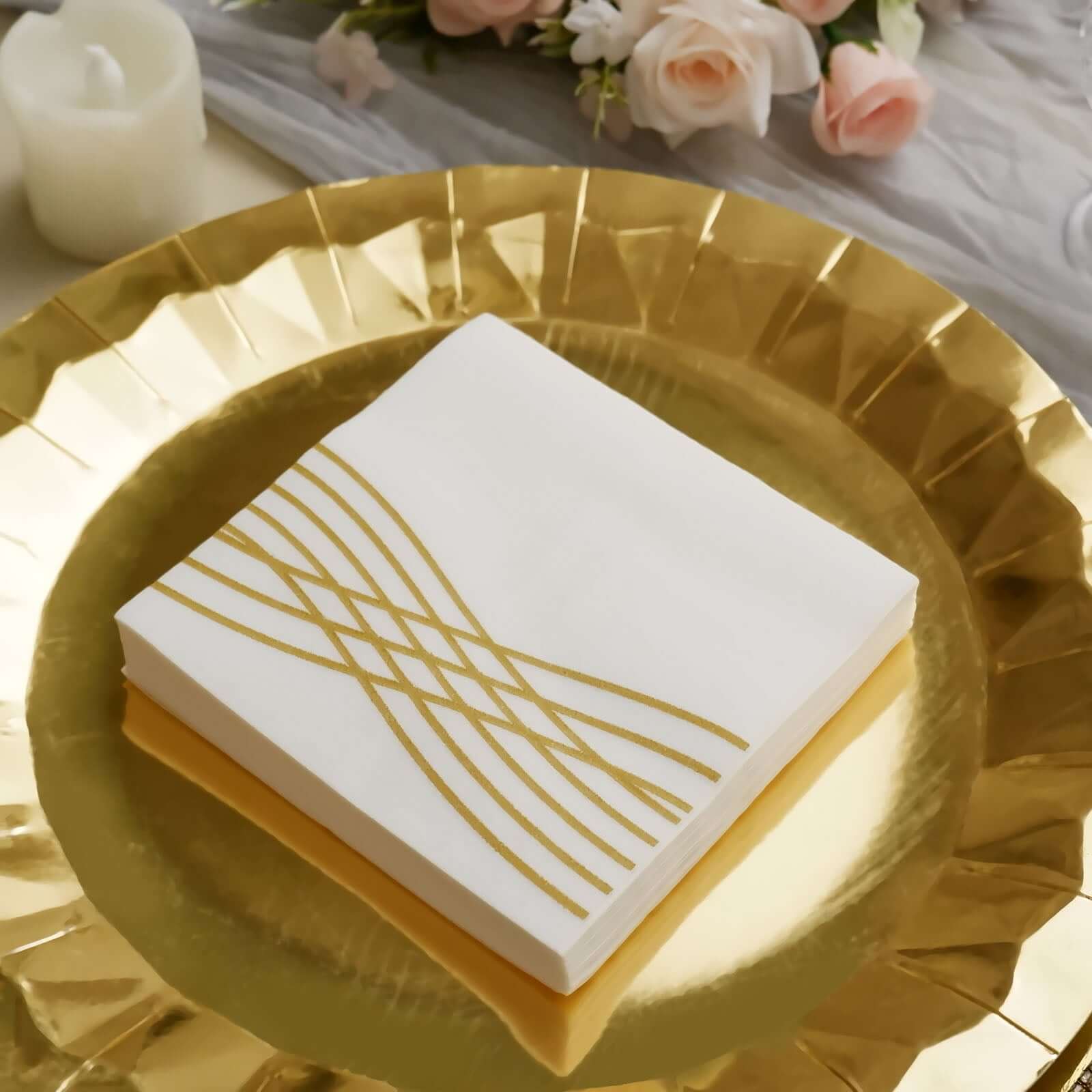 20-Piece Set of White Airlaid Cocktail Napkins with Gold Foil Wave Design