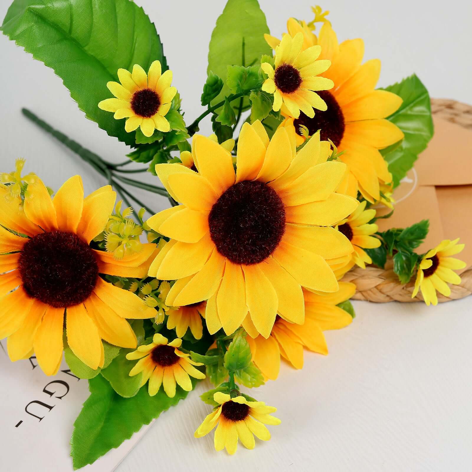2 Bouquets of 13 Yellow Silk Artificial Sunflower Flower Bushes for Decor