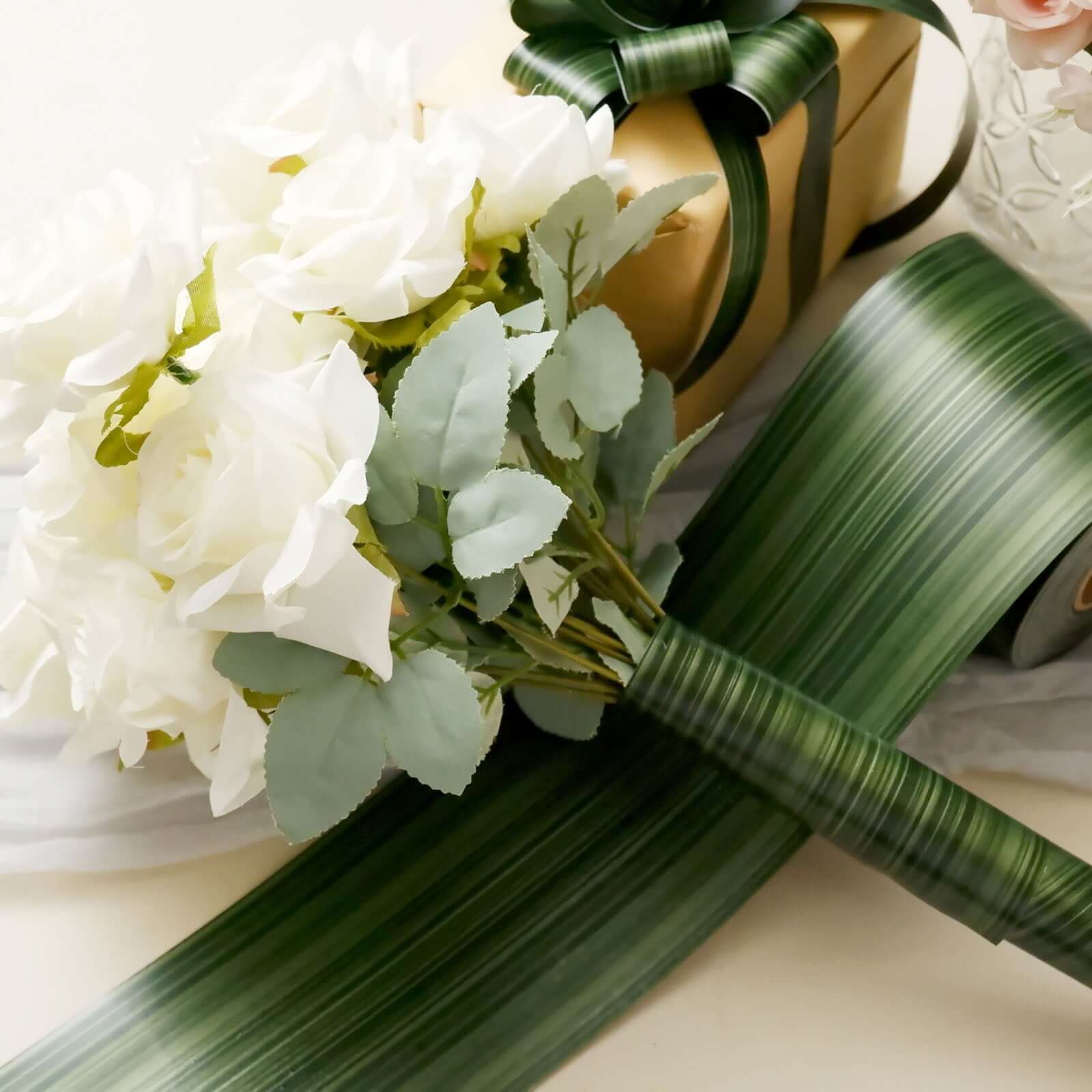 50-Yard 4-Inch Green Ti Leaf Double-Sided Waterproof Satin Ribbon for DIY Bouquet and Craft Supplies