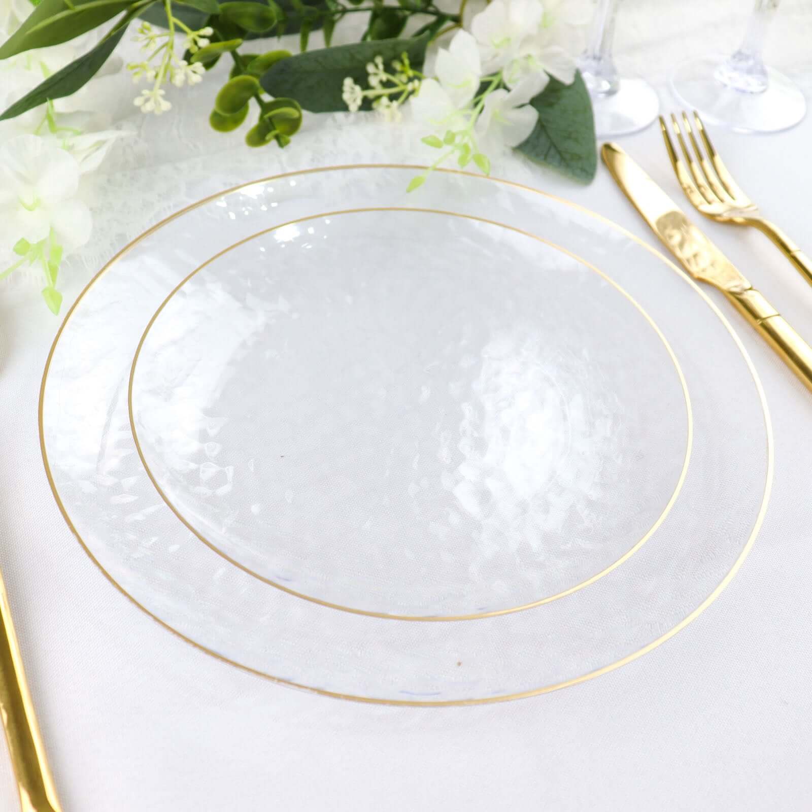 Hot Deal! 10-Pack Clear Plastic Round Dessert Plates with Hammered Gold Rim - Disposable & Modern
