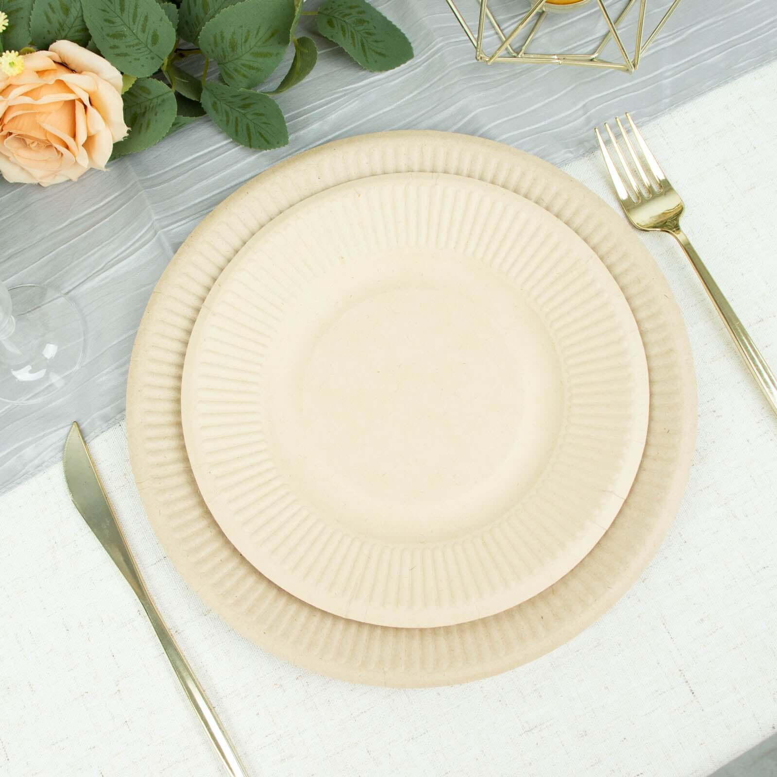 50-Piece Set of Natural 8-Inch Round Bagasse Dessert Plates with Ribbed Edge