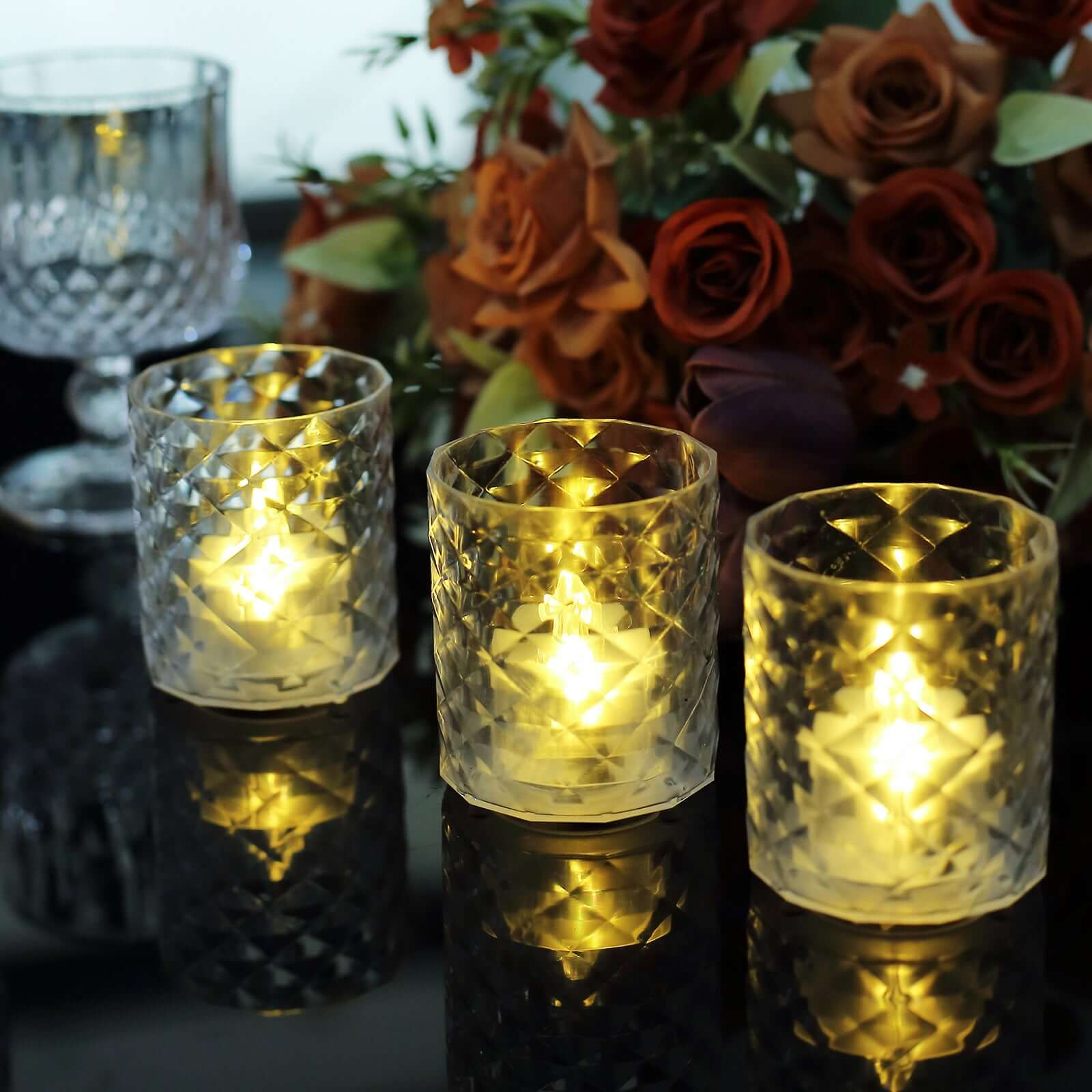 12-Piece Set of Clear LED Tealight Candle Holders in Whiskey Glass Design with Warm White Battery-Operated Lights
