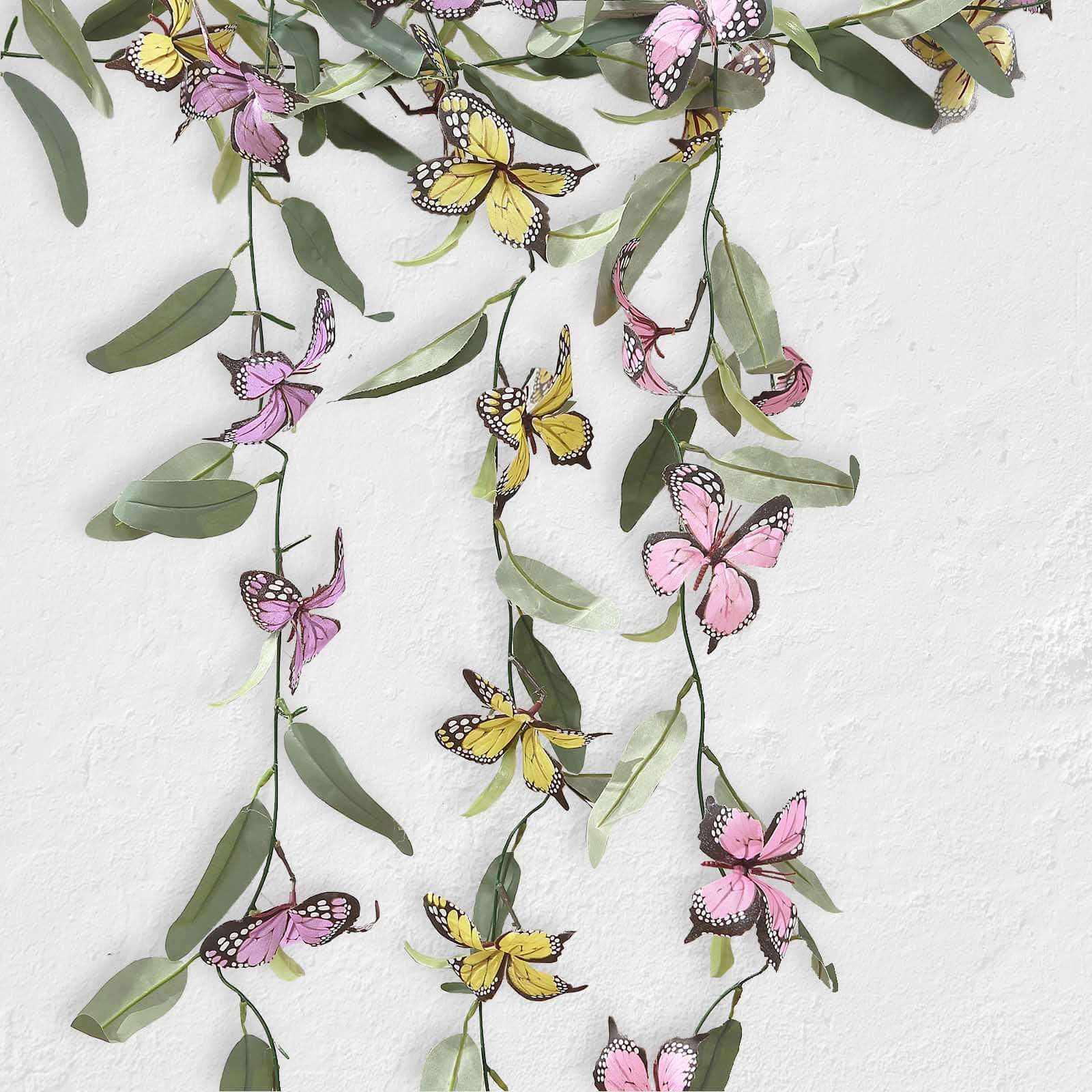 3-Piece Set of 6ft Artificial Butterfly Garland with Willow Greenery and Faux Flowers