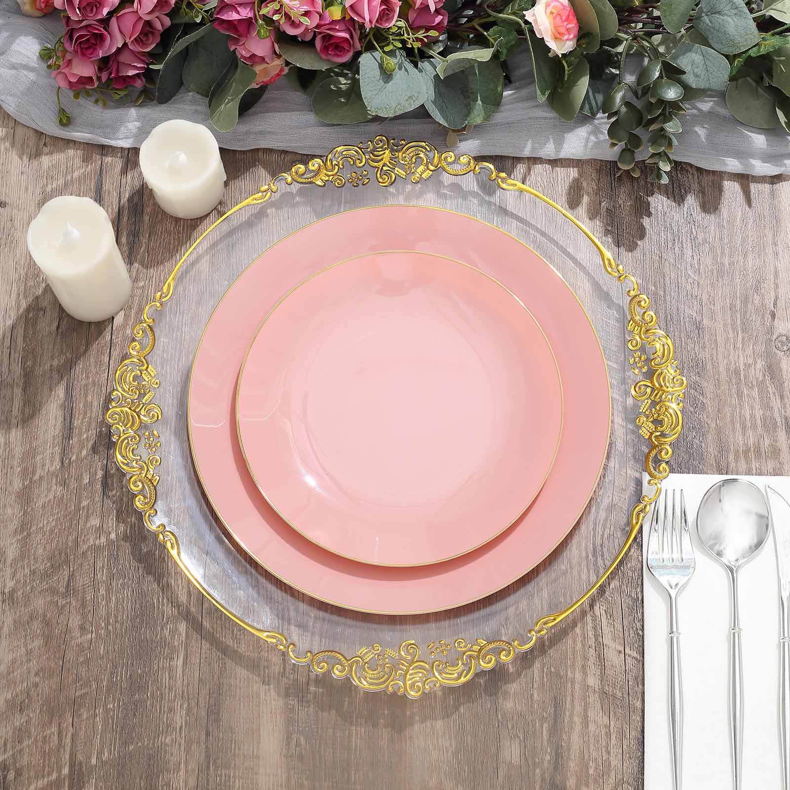 10-Piece Set of Glossy Disposable Dusty Rose Plastic Dinner Plates with Gold Rim