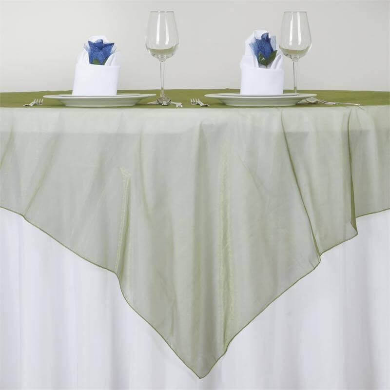 Olive Green Organza 72x72 Square Table Overlay with Sheer Design for Stylish Gatherings