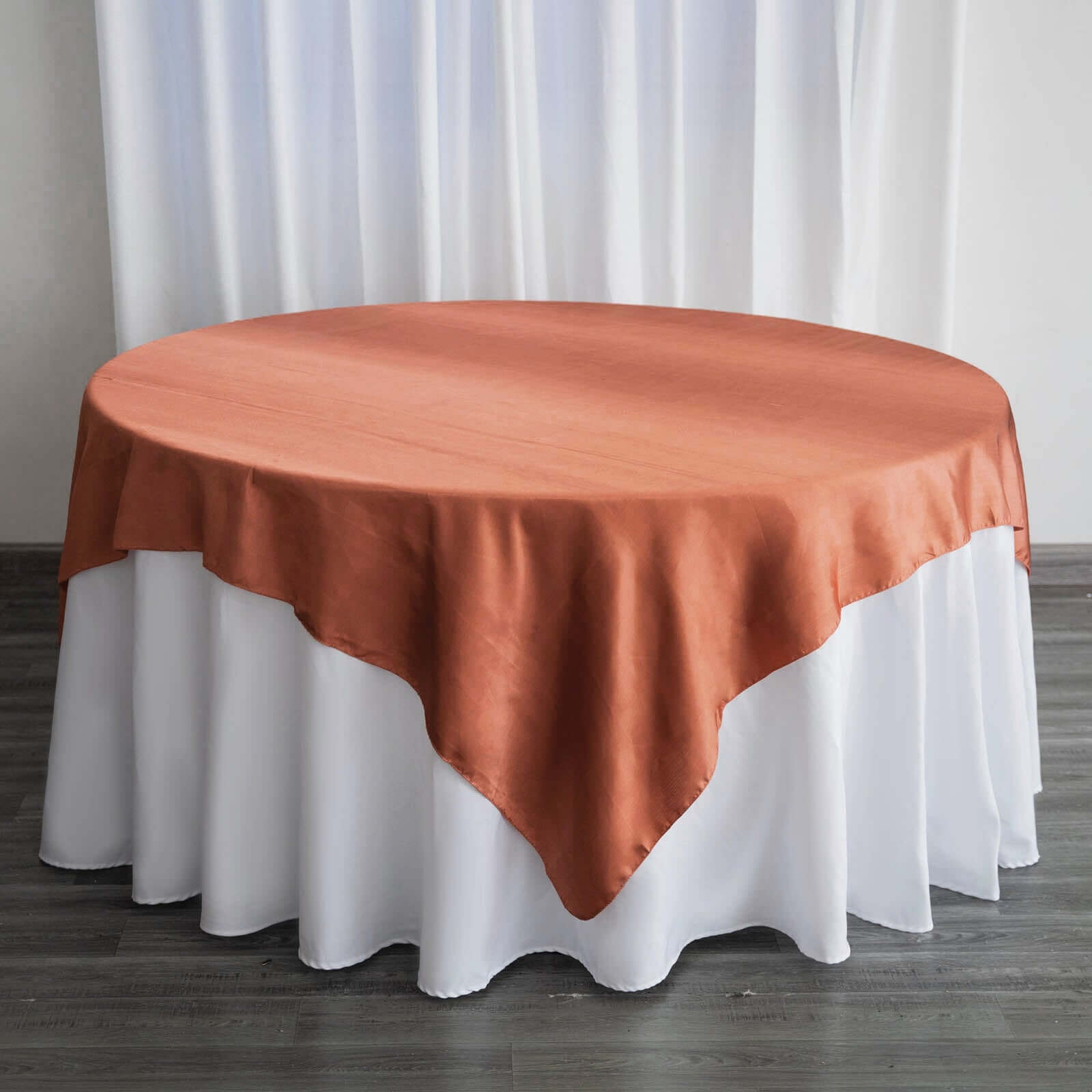 Hot! 72x72 Satin Square Table Overlay in Terracotta (Rust) - Smooth Finish