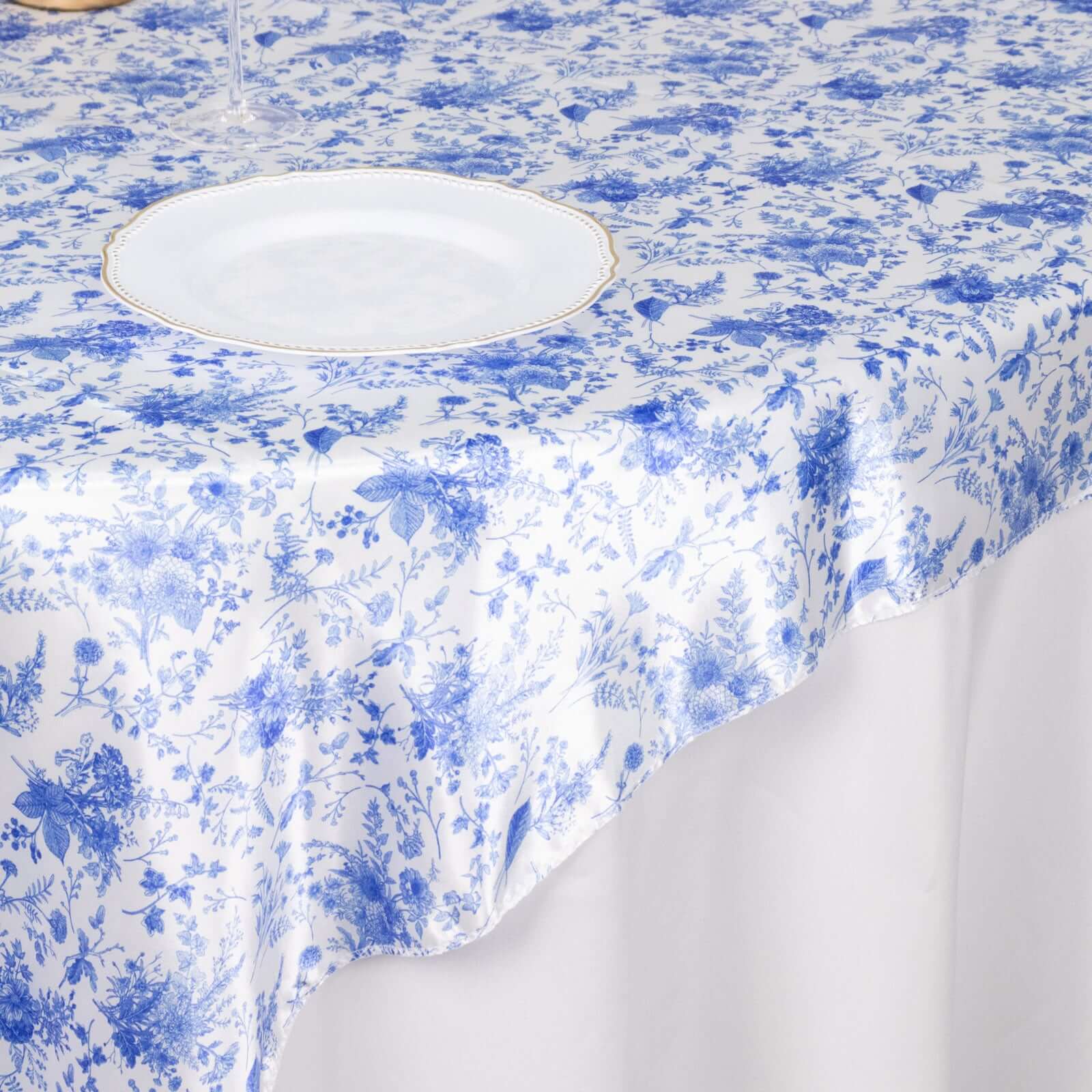 White and Blue Satin 72x72 Square Table Overlay with French Toile Floral for Elegant Celebrations