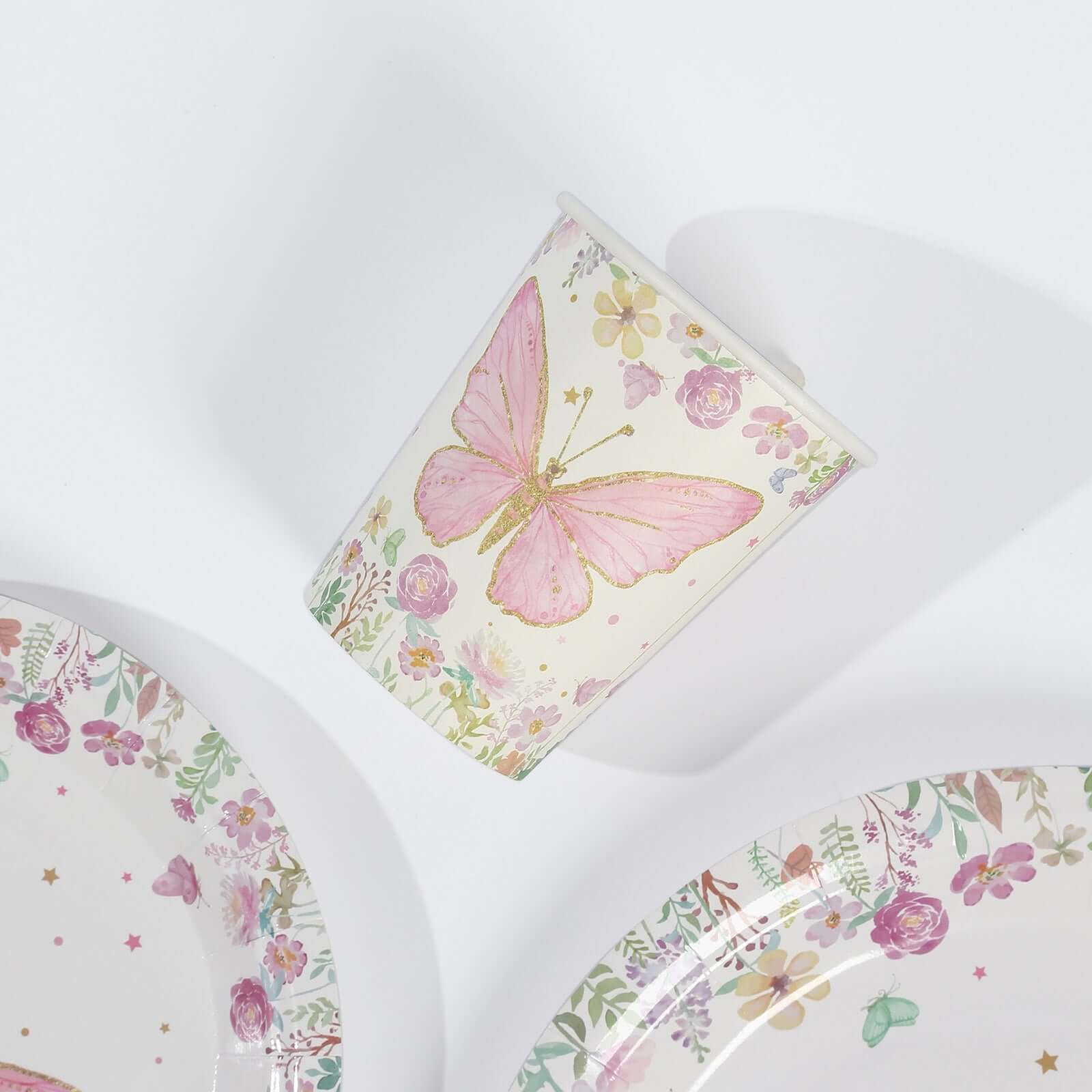 96-Piece Disposable Paper Dinnerware Set with Butterfly Print in White and Pink