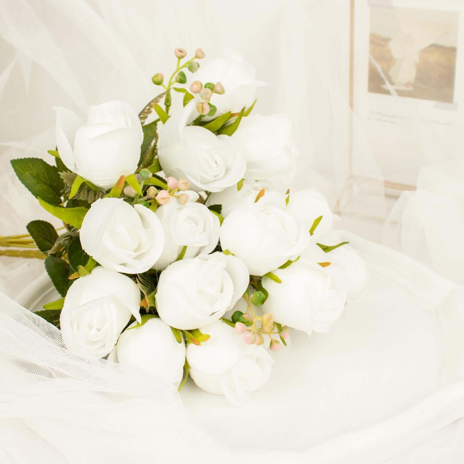 Hot Deal! 3-Pack 13" White Real-Touch Silk Rose Bud Bridal Bouquets for Decor