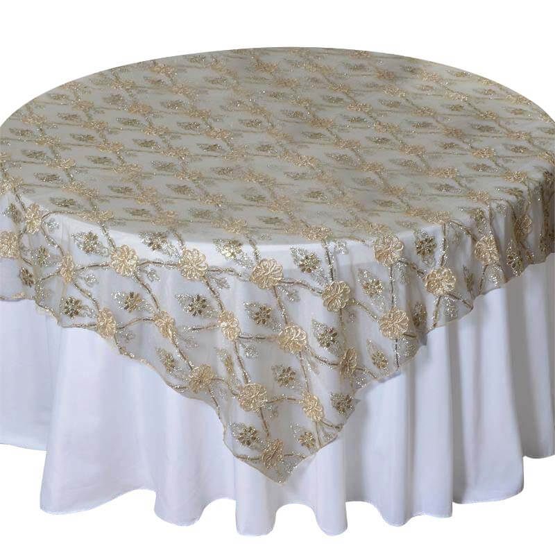 Champagne Satin Sequin Floral Embroidered Lace Square Table Overlay 72x72 for Special Events