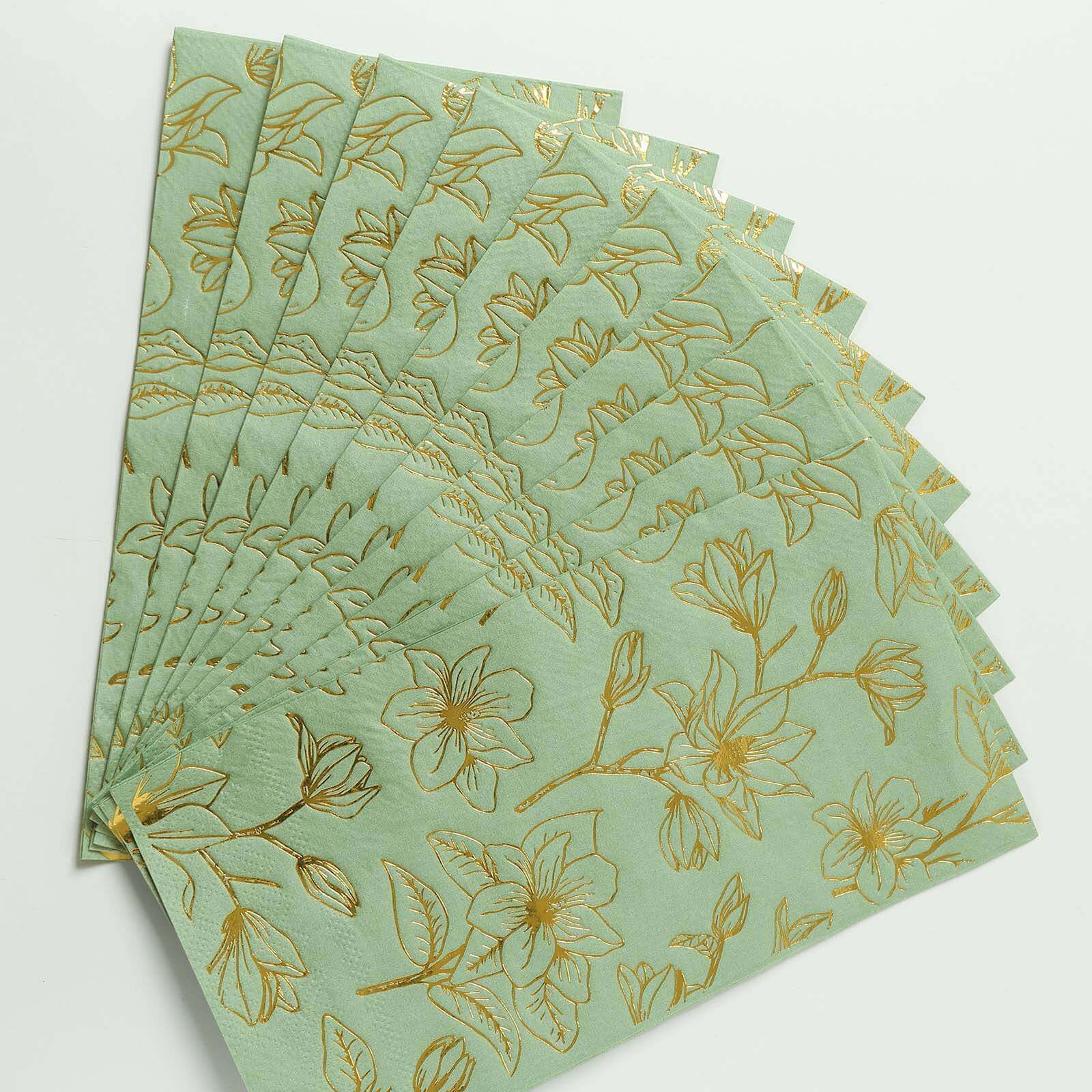 50-Pack Disposable 2-Ply Paper Dinner Napkins: Sage Green with Gold Magnolia Prints - Ideal for Parties