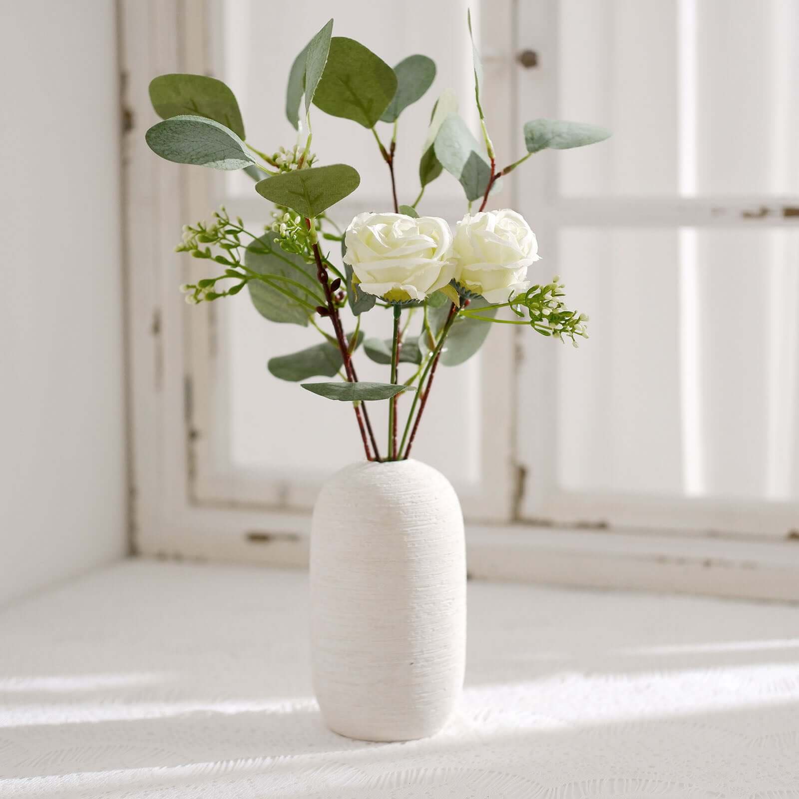 15-Piece Ivory Artificial Silk Rose and Eucalyptus Bouquet for Decor