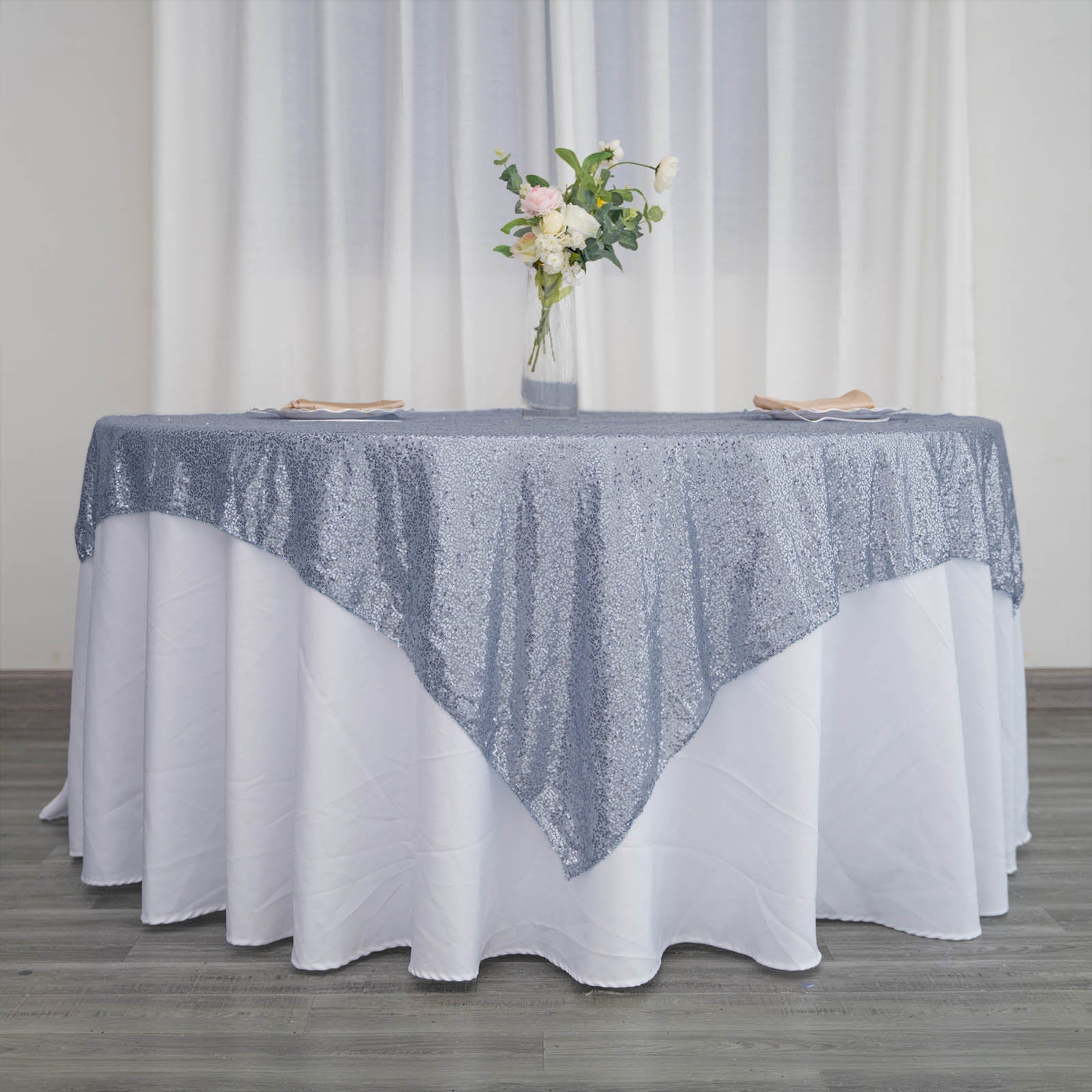 Sparkly Dusty Blue Sequin Square Table Overlay 72x72 - Ideal for Events