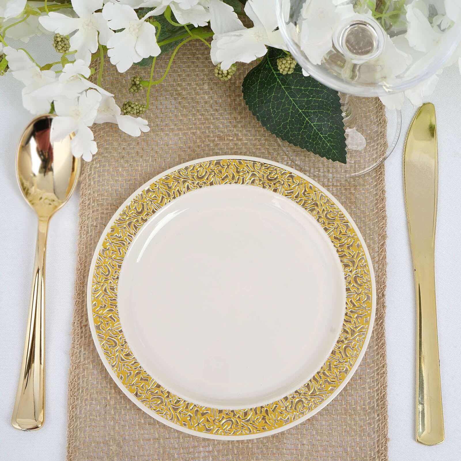 10-Pack Ivory Plastic Disposable Appetizer Plates with Gold Lace Rim, 6 Inches