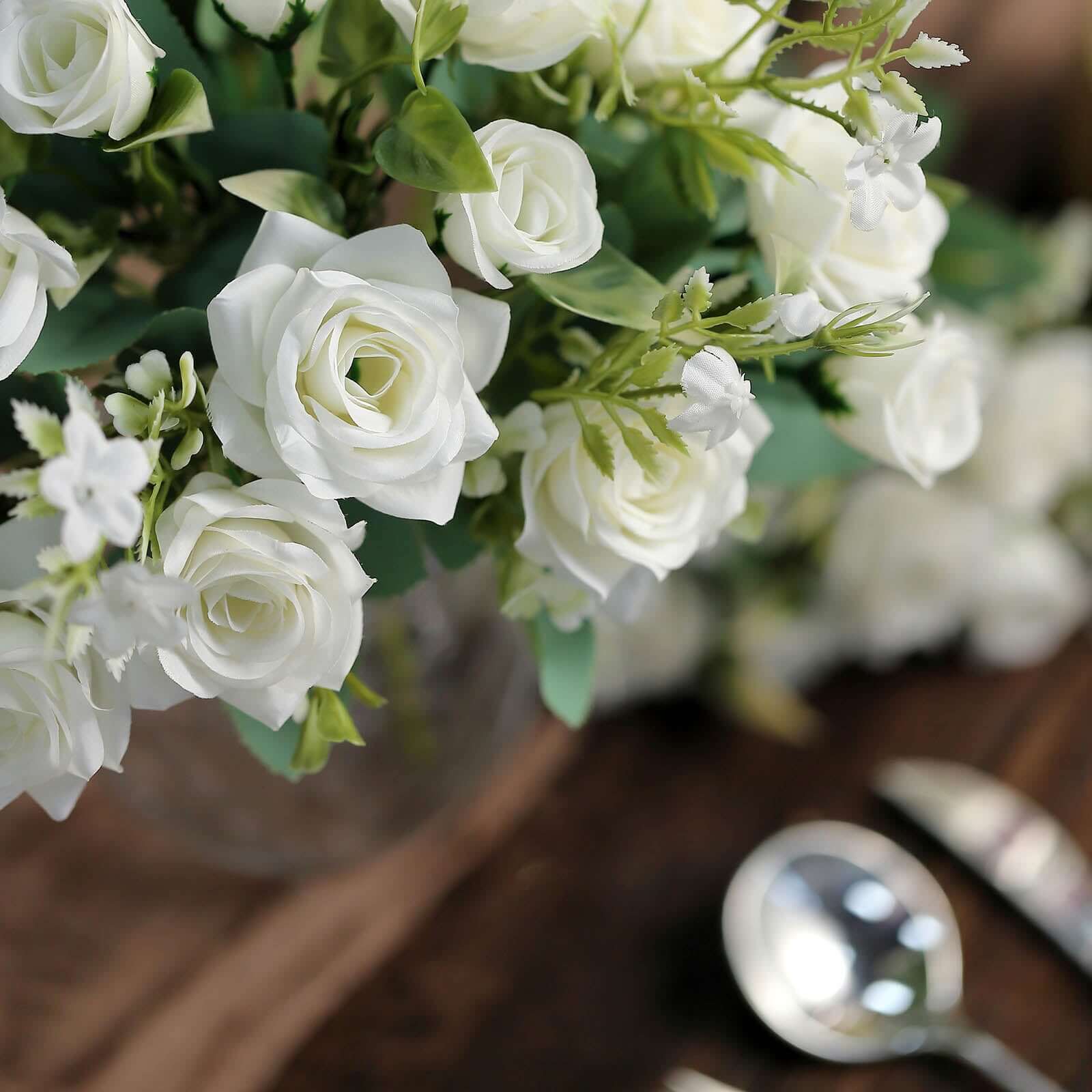 12-Inch Ivory Artificial Silk Rose Flower Bouquet with 4 Bushes, Ideal for Bridal Use