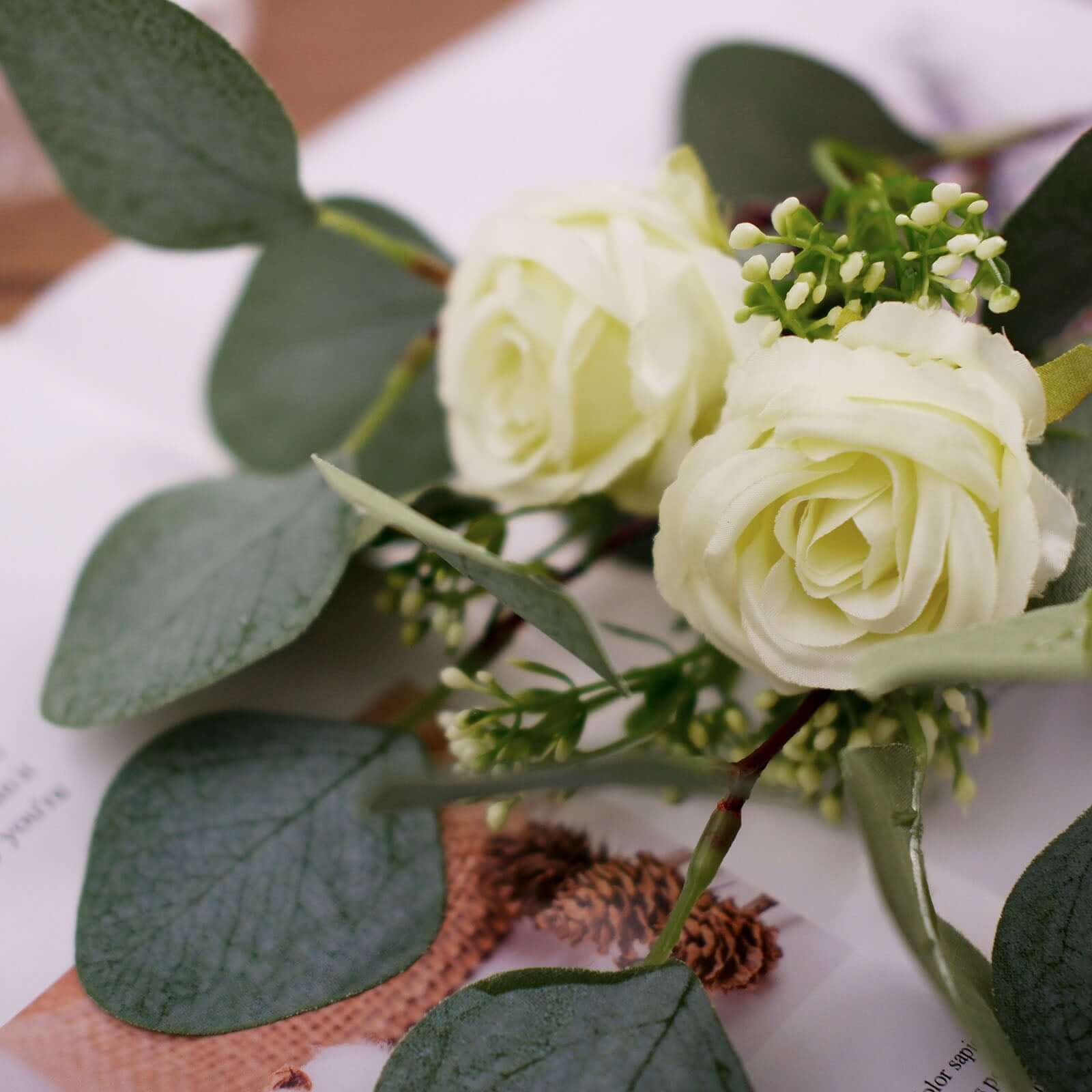 15-Piece Ivory Artificial Silk Rose and Eucalyptus Bouquet for Decor