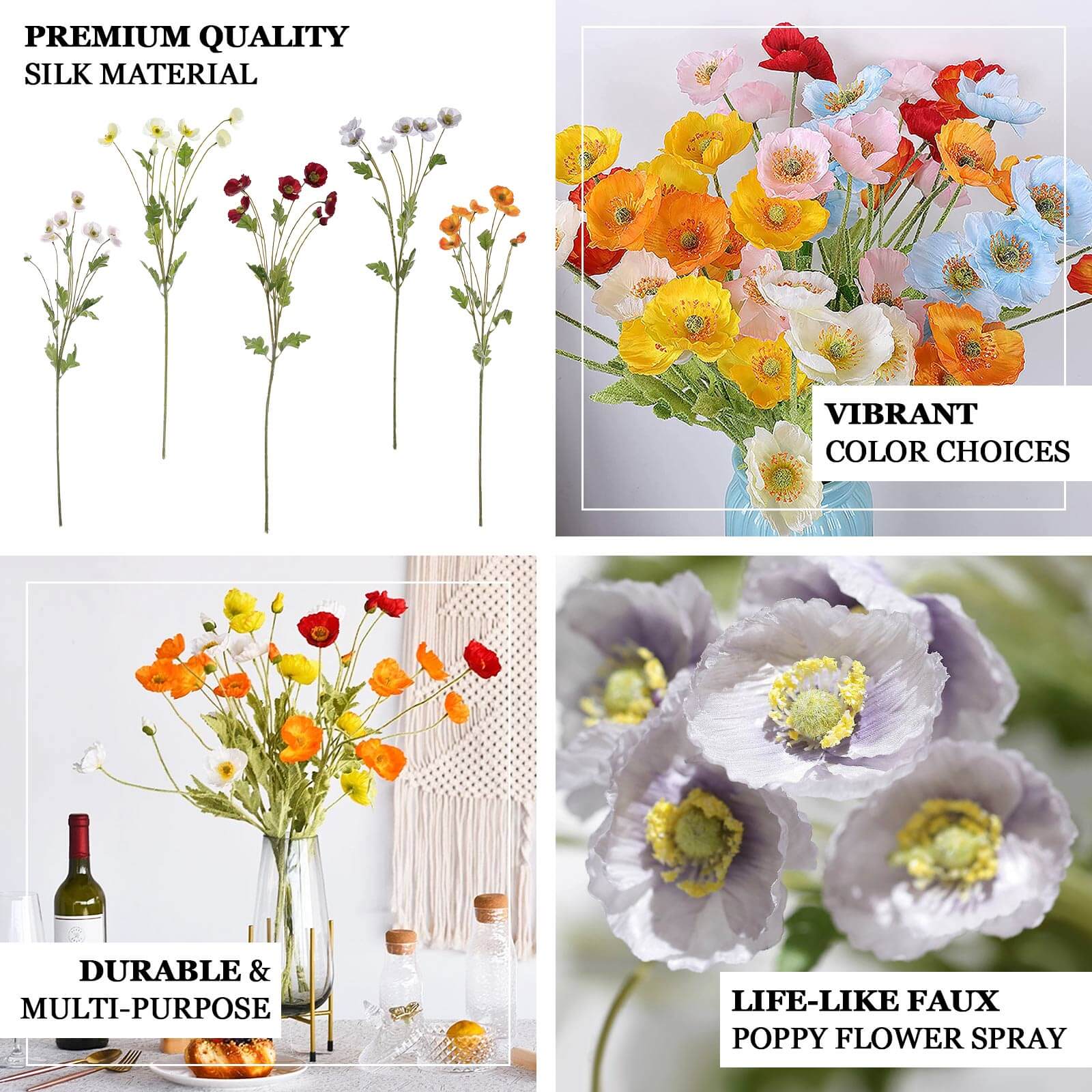 Get 2 Stems of Stunning Lavender Lilac Artificial Poppy Silk Flowers for Centerpiece Decor