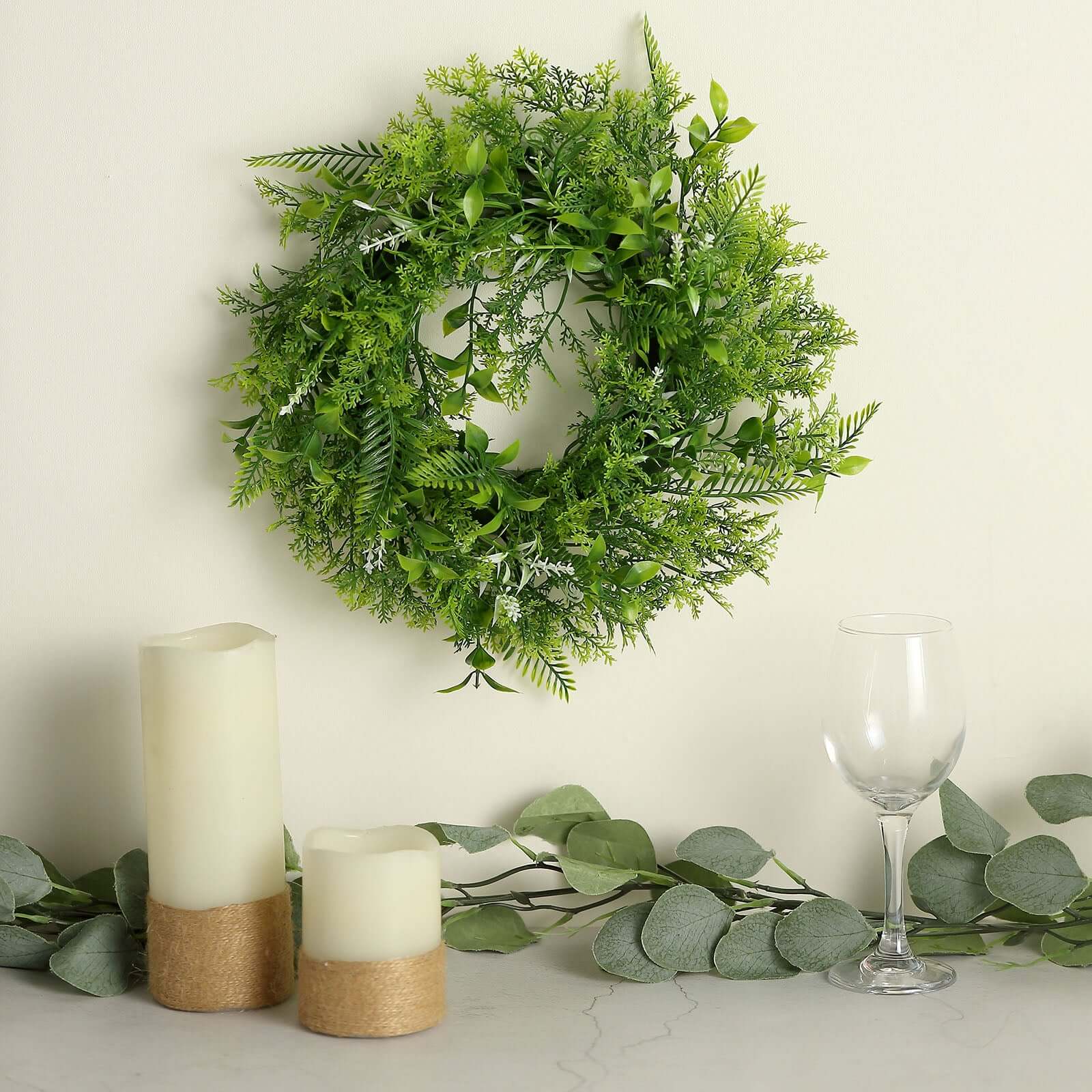 2-Pack Green Artificial Fern Leaf Candle Ring Wreaths - Ideal Decor