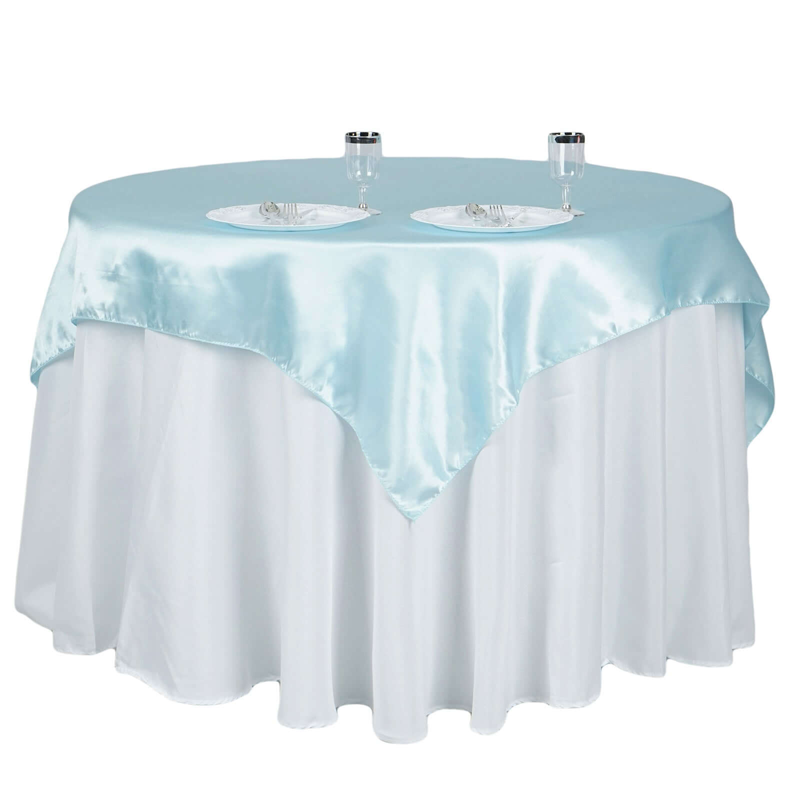 Light Blue Satin Square Table Overlay 60x60 - Smooth, Silky Touch Table Cover for Events