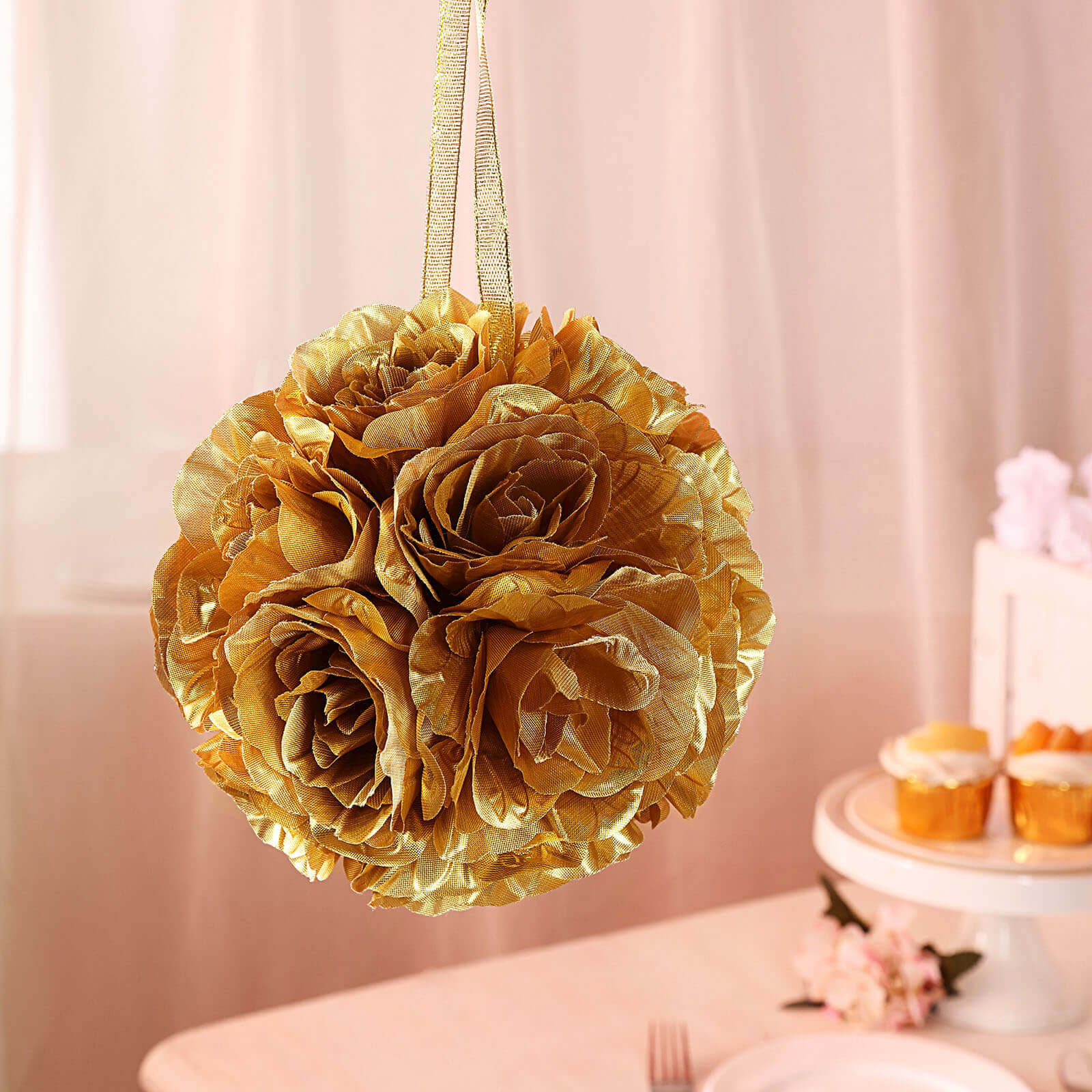 2-Piece Set of 7-Inch Gold Faux Silk Rose Kissing Balls