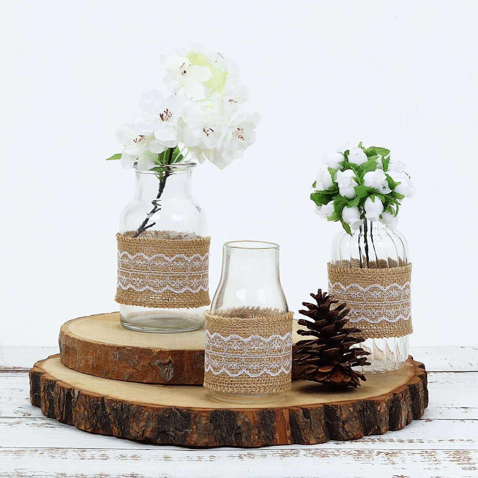 Pair of 16FT Natural Jute Burlap Ribbons with Wavy Lace Trim