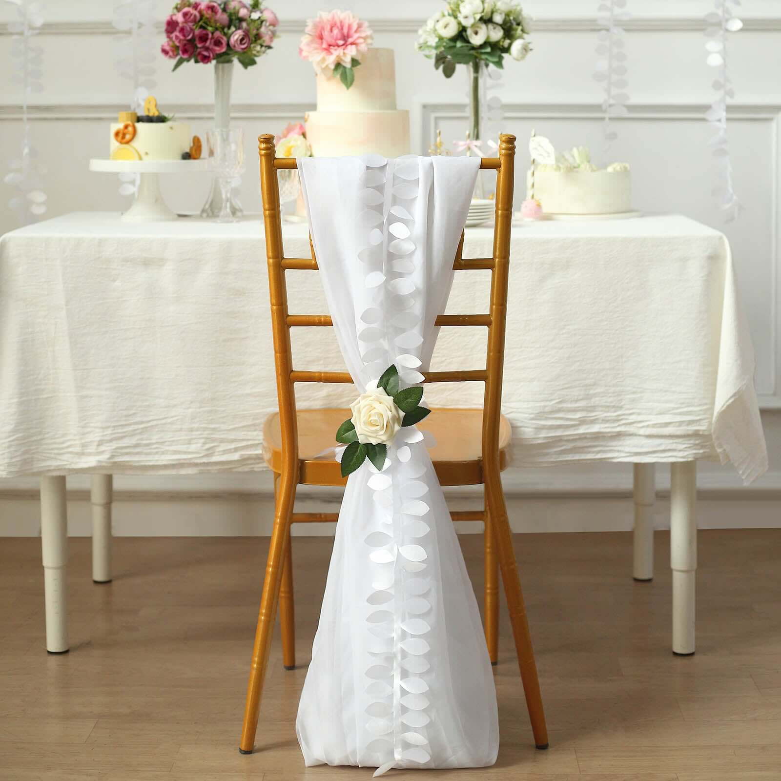 50ft White Taffeta Ribbon Sash with 4 - Leaf Petal Design for Elegant Events