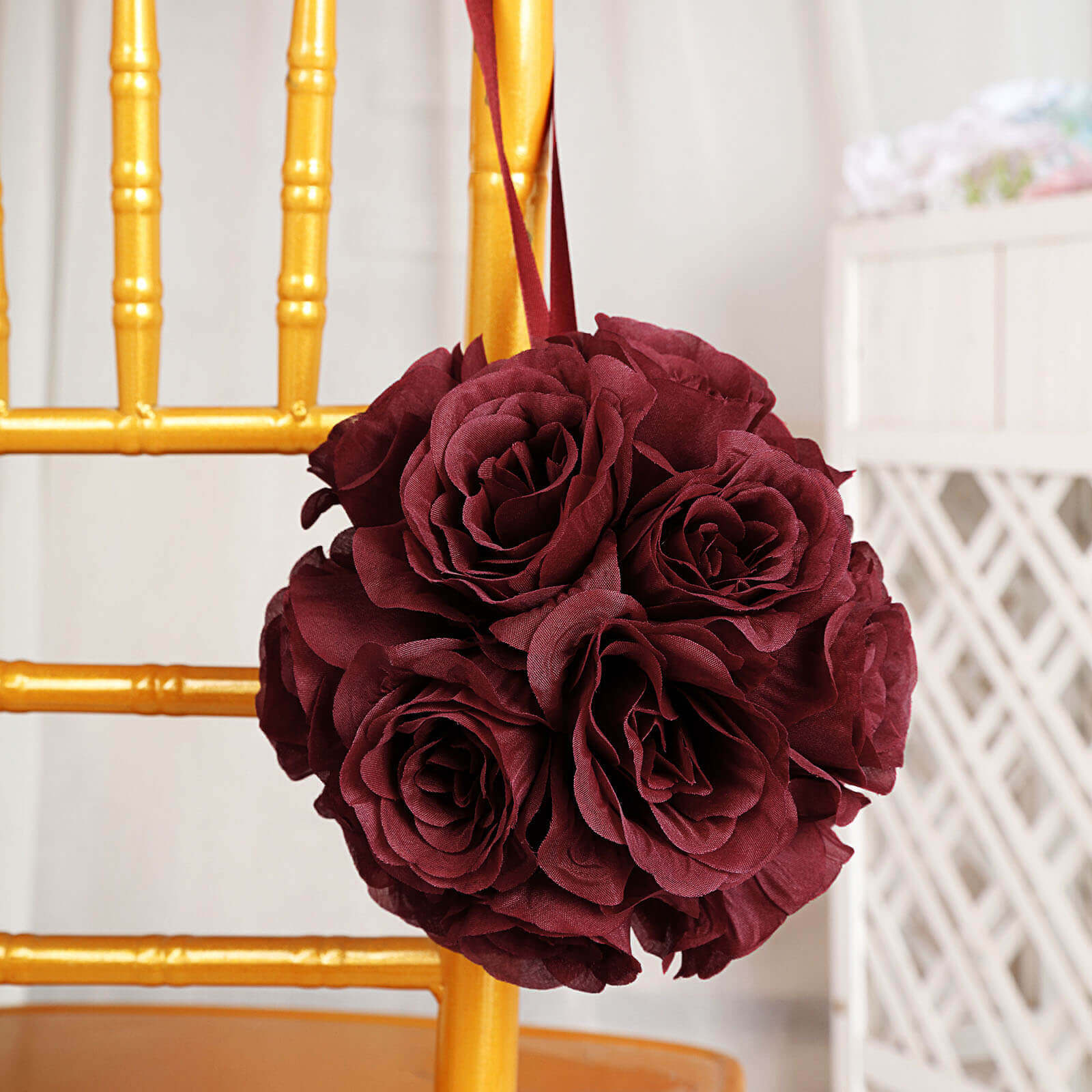 2-Pack 7" Burgundy Artificial Silk Rose Kissing Balls - Ideal for Decor