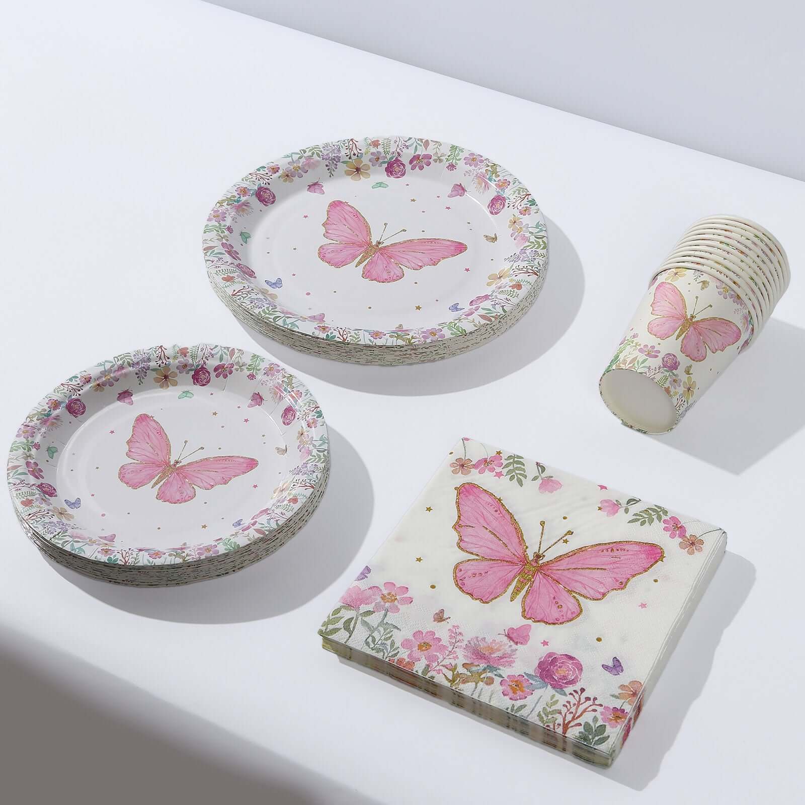 96-Piece Disposable Paper Dinnerware Set with Butterfly Print in White and Pink