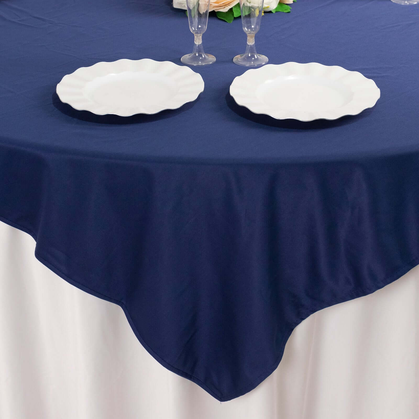 Exclusive Navy Blue Scuba Polyester 54x54 Square Table Overlay - Wrinkle & Stain Free