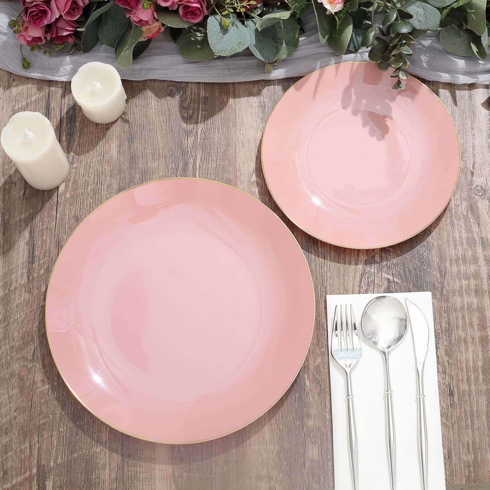 10-Piece Set of Glossy Disposable Dusty Rose Plastic Dinner Plates with Gold Rim