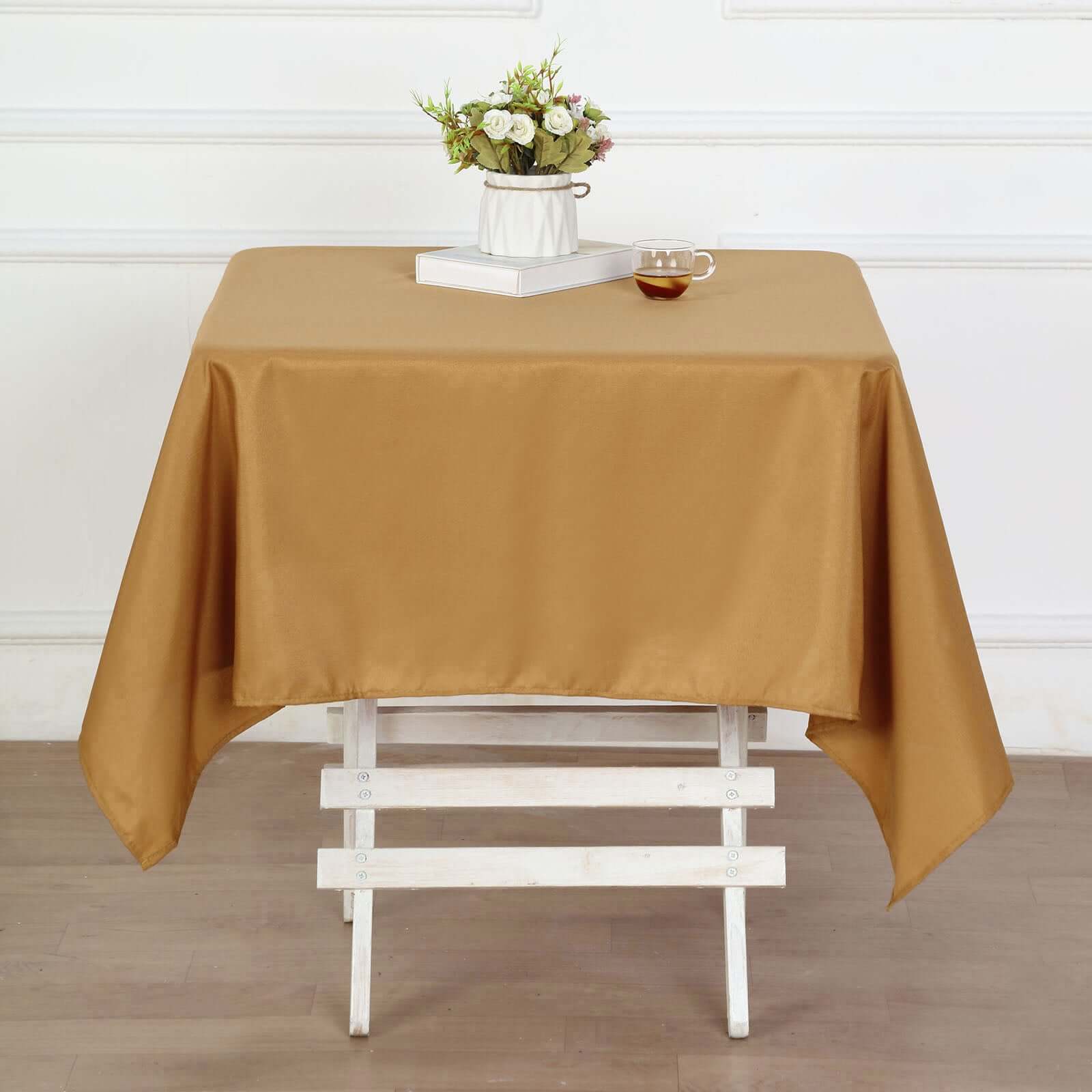 Wrinkle-Resistant & Durable Gold Polyester 54x54 Square Tablecloth for Events