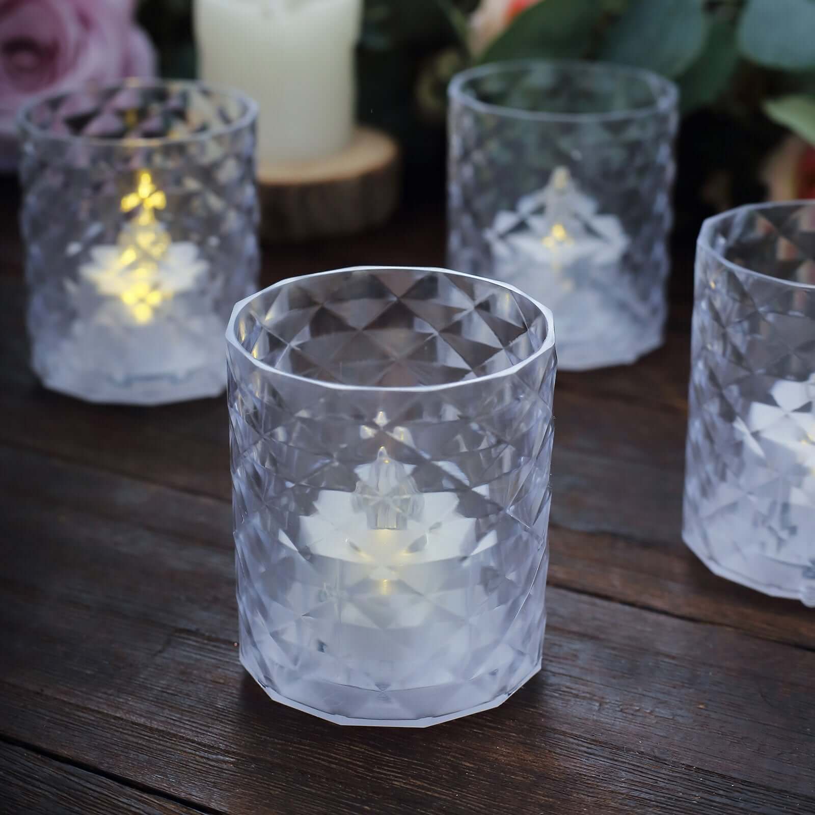 12-Piece Set of Clear LED Tealight Candle Holders in Whiskey Glass Design with Warm White Battery-Operated Lights