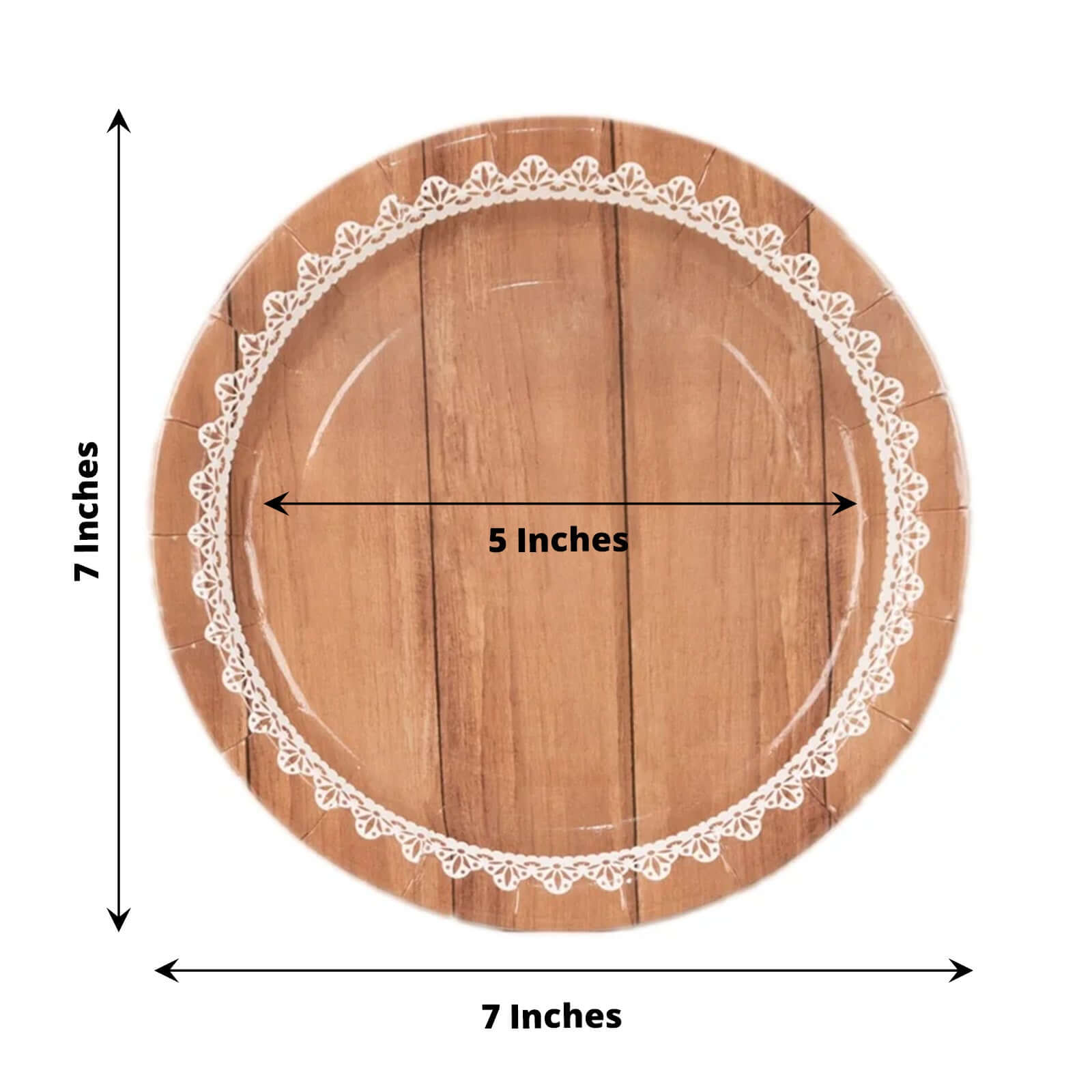 25-Pack Disposable 7-Inch Round Brown Wood Grain Paper Dessert Plates with White Lace Rim for Rustic Events