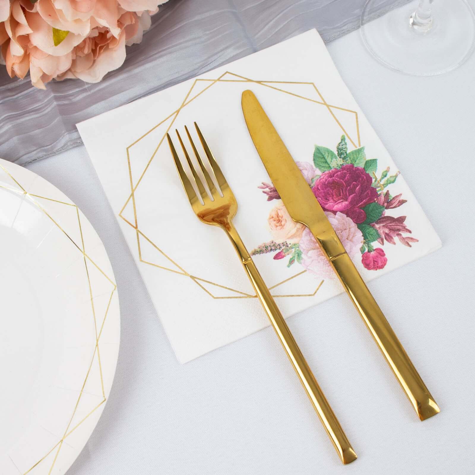 20-Pack White Paper Napkins with Gold Hexagon Frame & Floral Print - Ideal for Parties